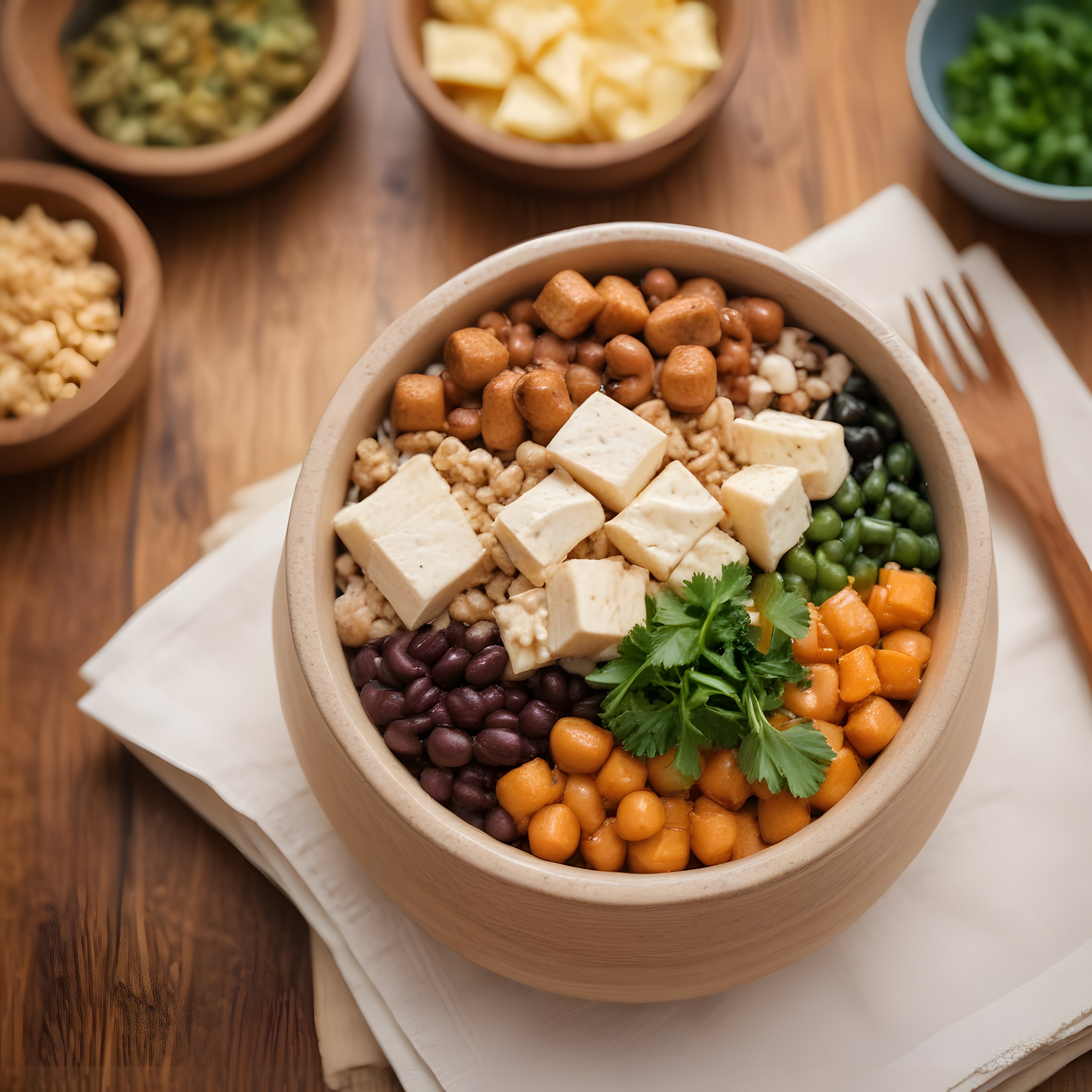 Ahşap Masa Üzerinde Nohutlu Fasulyeli Vegan Buddha Kase Sunumu