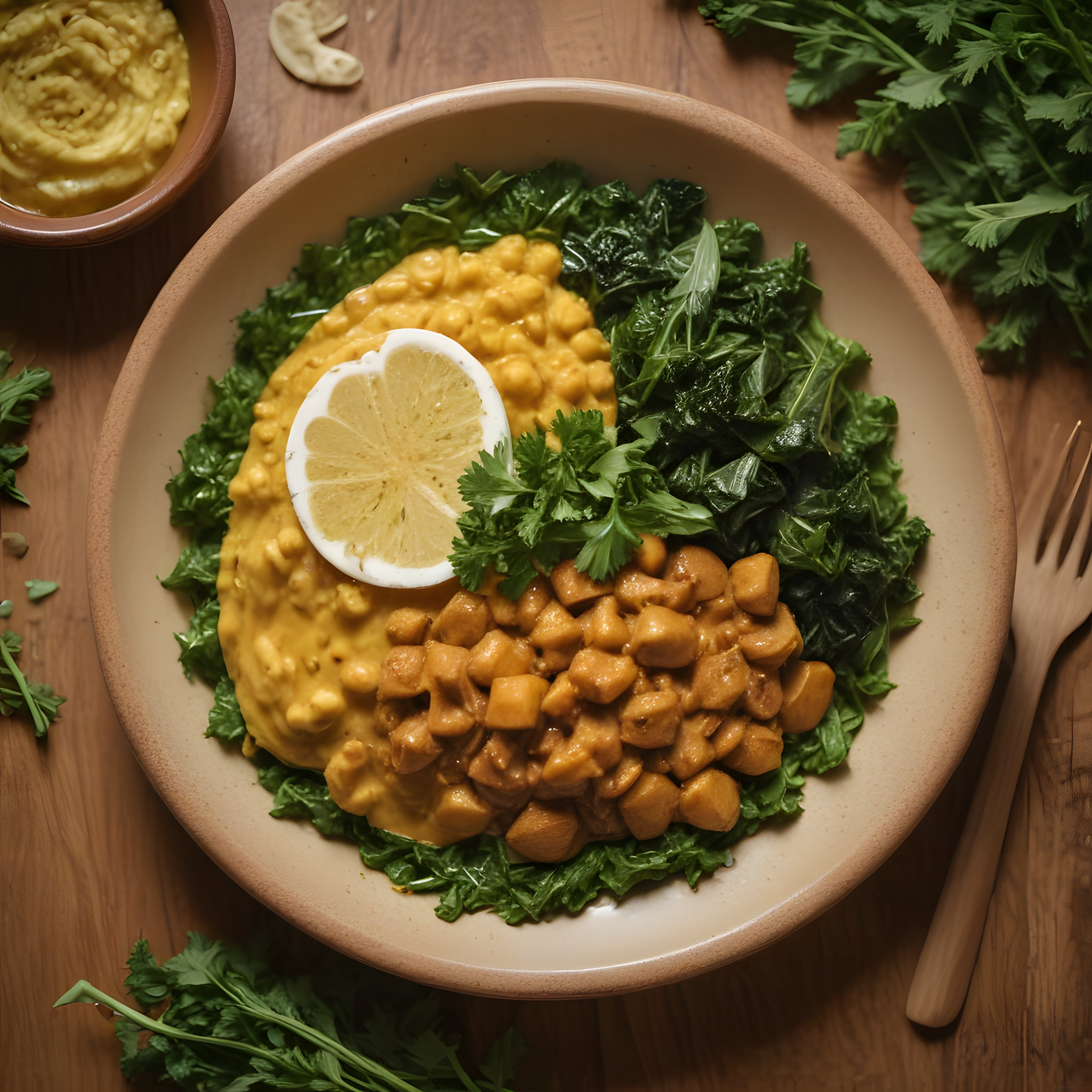 Ahşap Masa Üzerinde Nohutlu Vegan Kase ve Limonlu Salata Sunumu