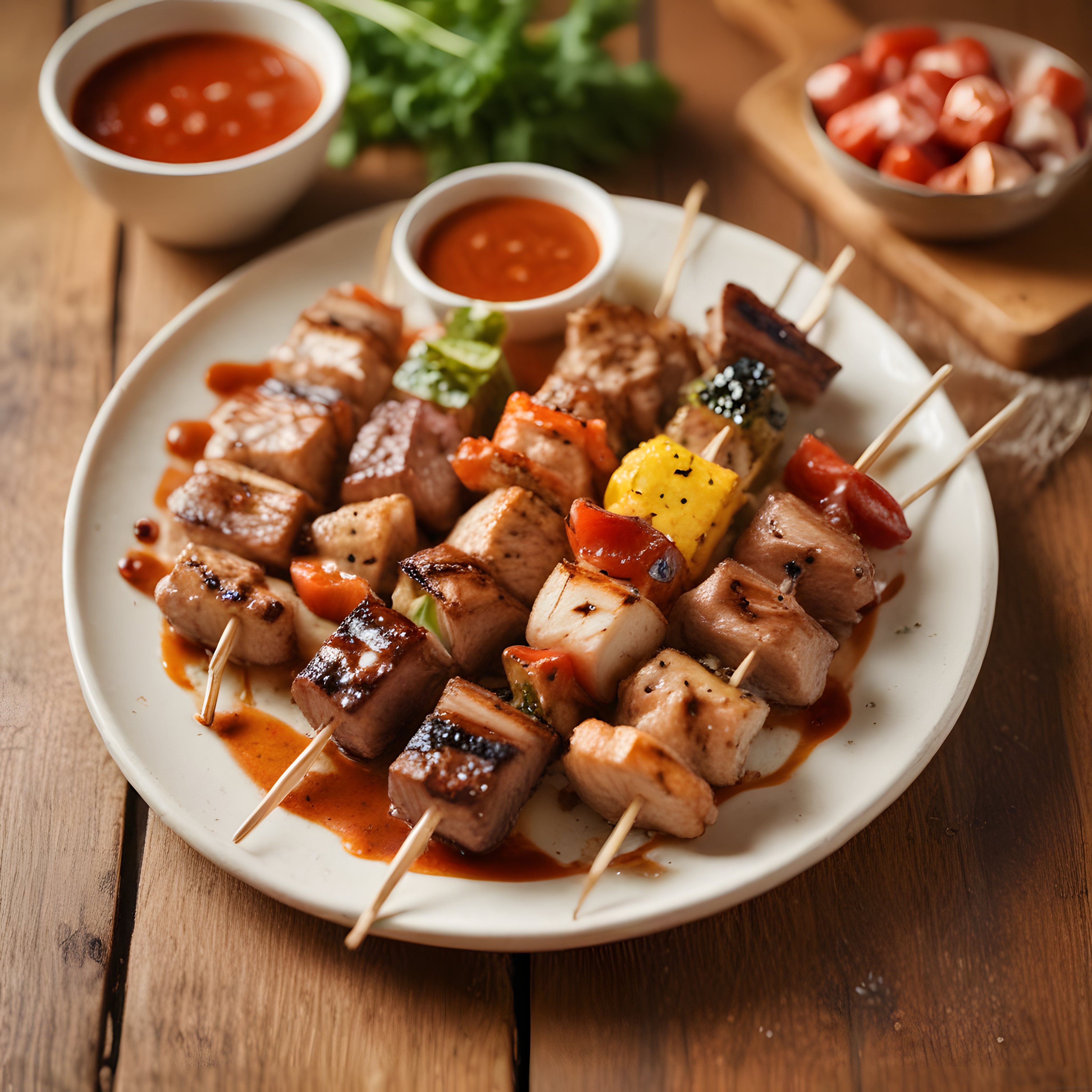 ahşap masa üzerinde özel soslar eşliğinde ızgara et ve sebze şiş kebap sunumu