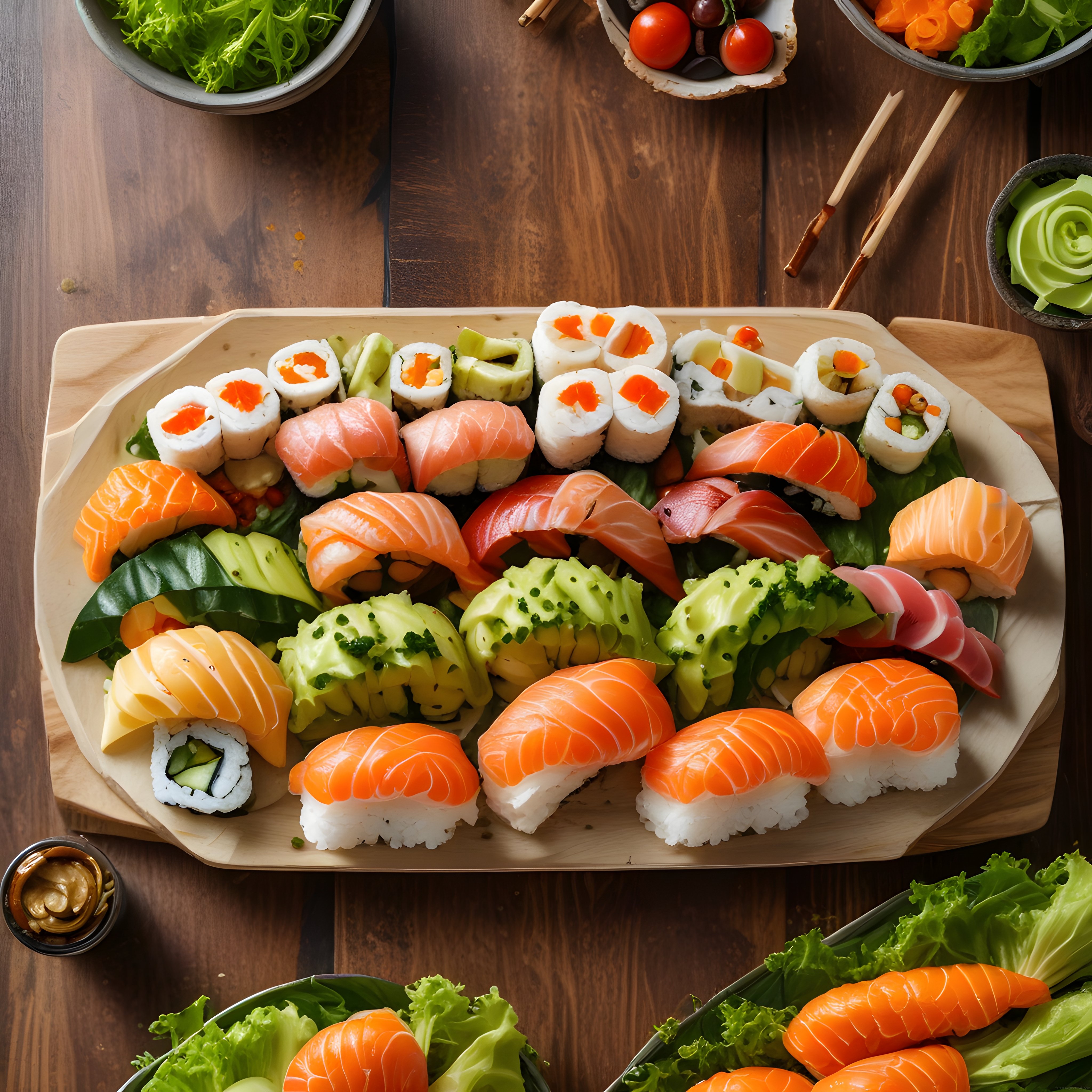 Ahşap Masa Üzerinde Özenle Hazırlanmış Taze Somonlu Sushi ve Maki Çeşitleri Sunumu