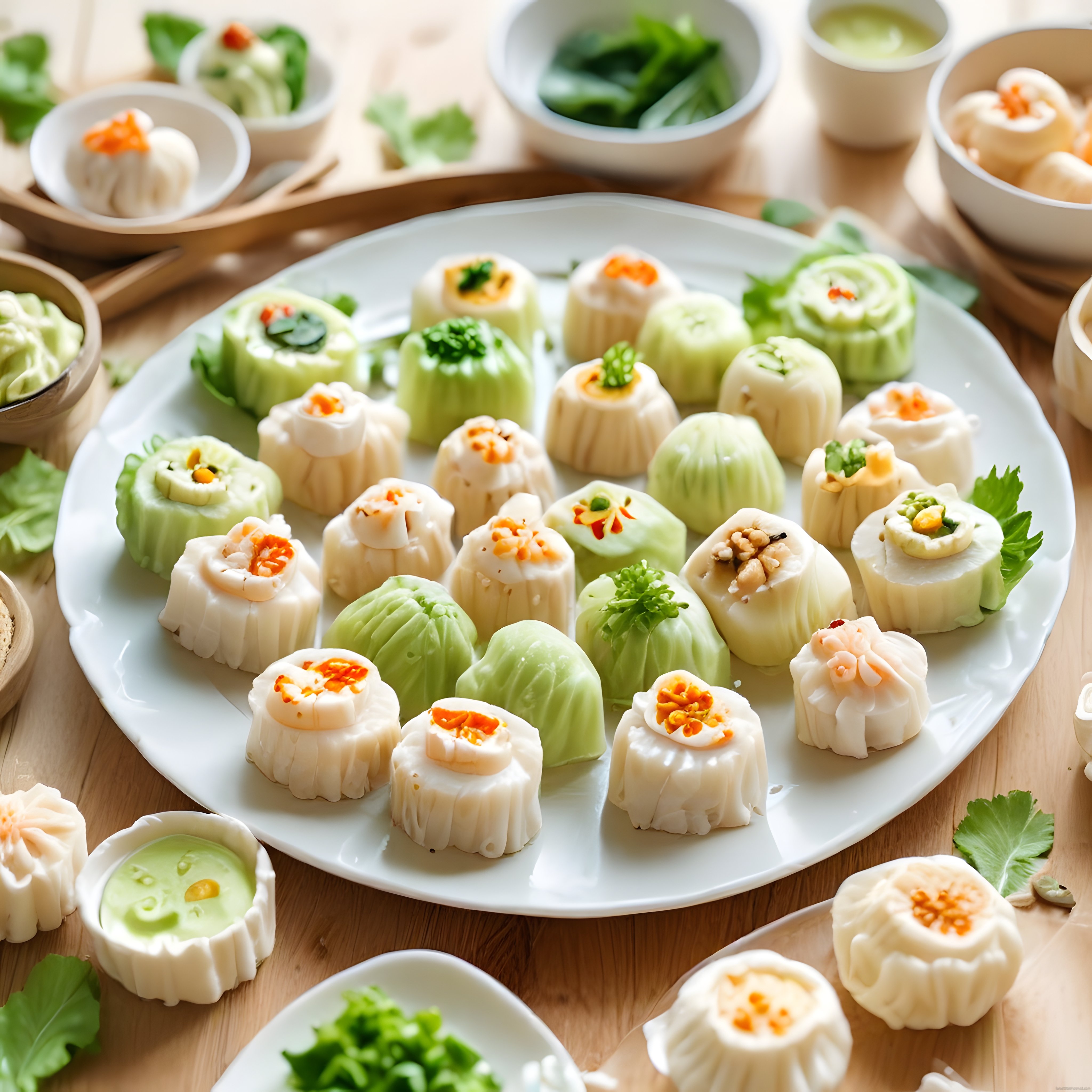 Ahşap Masa Üzerinde Özenle Sunulan Renkli Dim Sum ve Buhar Mantı Çeşitleri