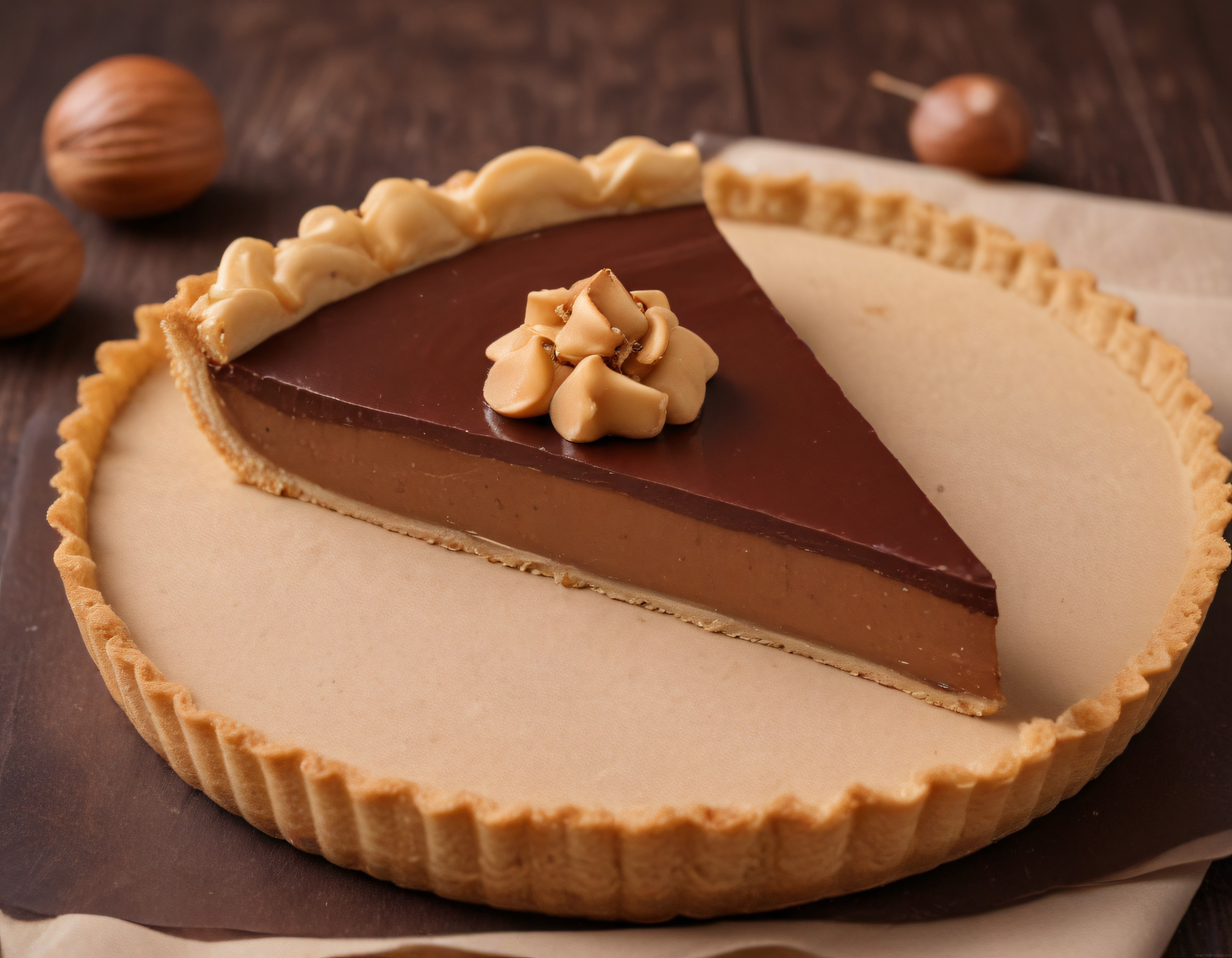 Ahşap Masa Üzerinde Parça Çikolatalı Tart ve Fındık Kreması Süslemesi