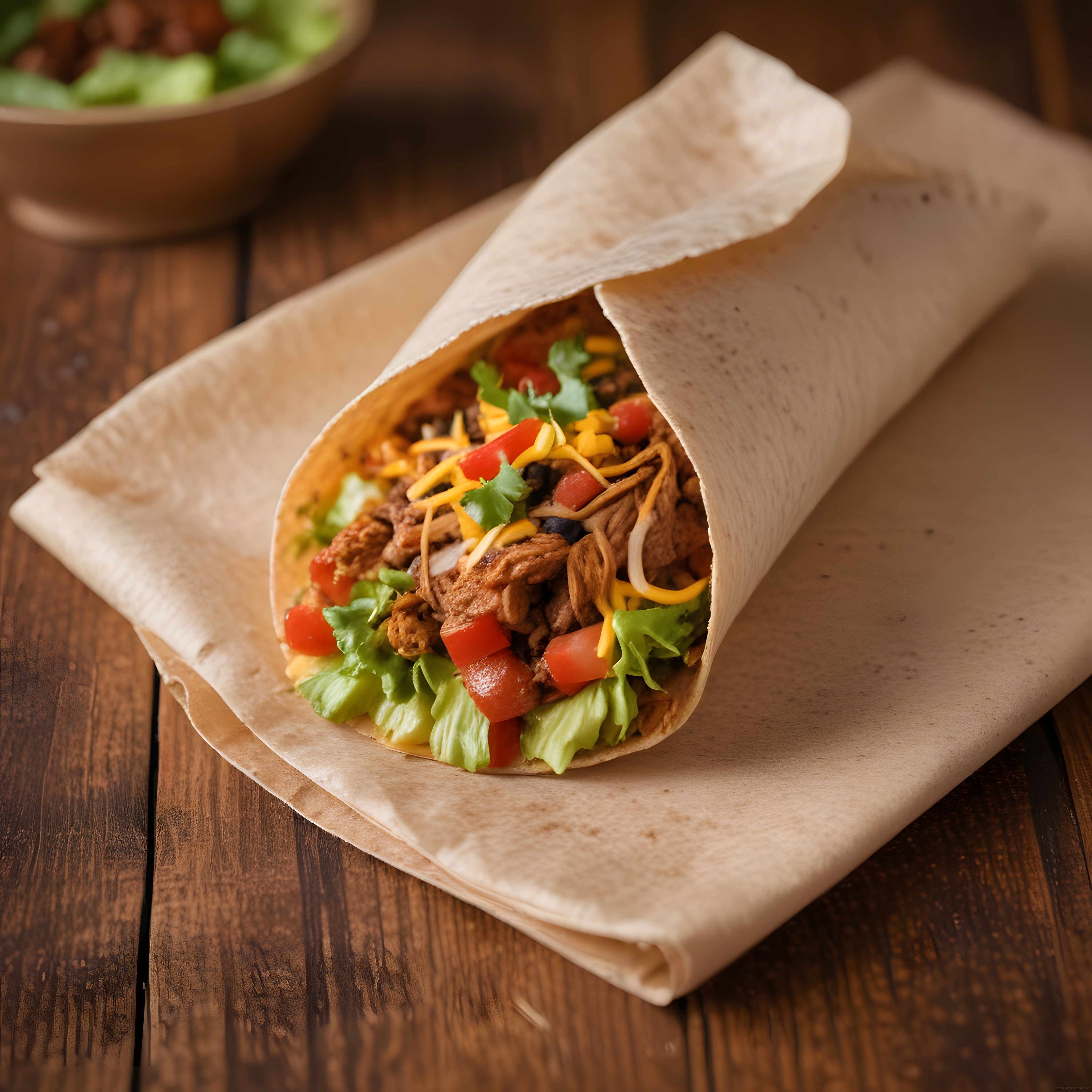 Ahşap Masa Üzerinde Parşömen Kağıda Sarılı Etli Peynirli Burrito