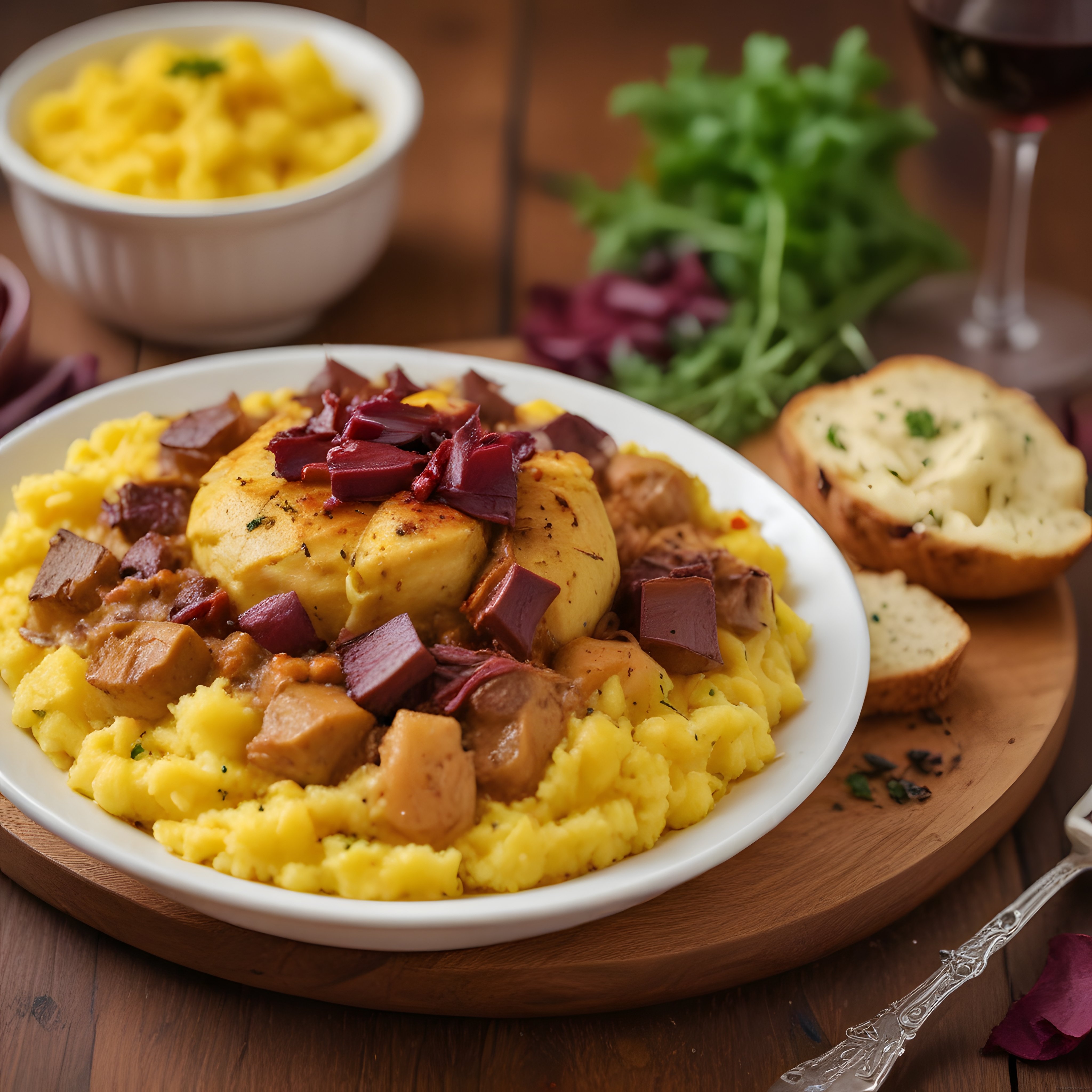 Ahşap Masa Üzerinde Patates Püreli Tavuk Yemeği ve Kırmızı Şarap Sunumu