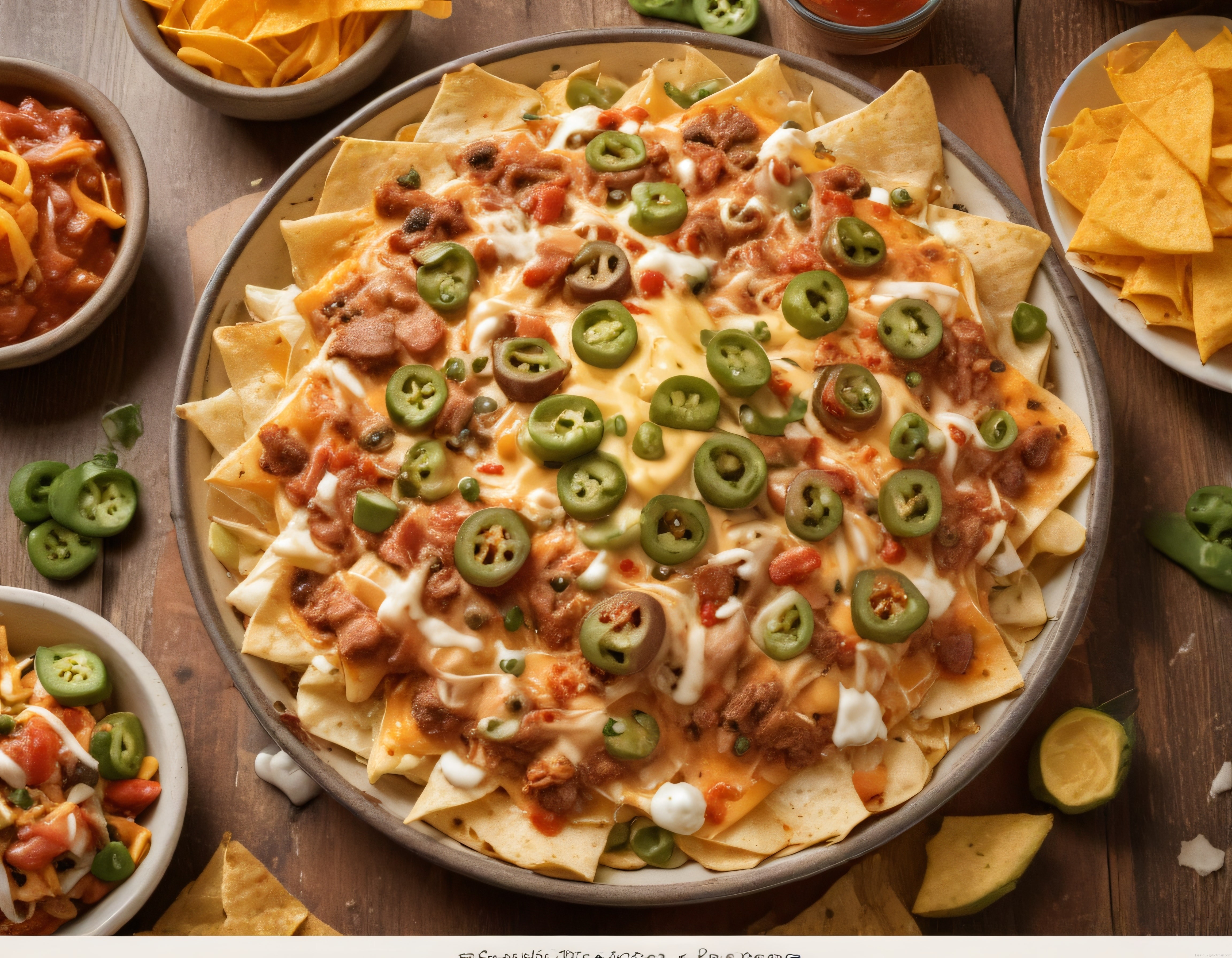 Ahşap Masa Üzerinde Peynirli Jalapenolu Fırın Nachos ve Ekstra Cipsler