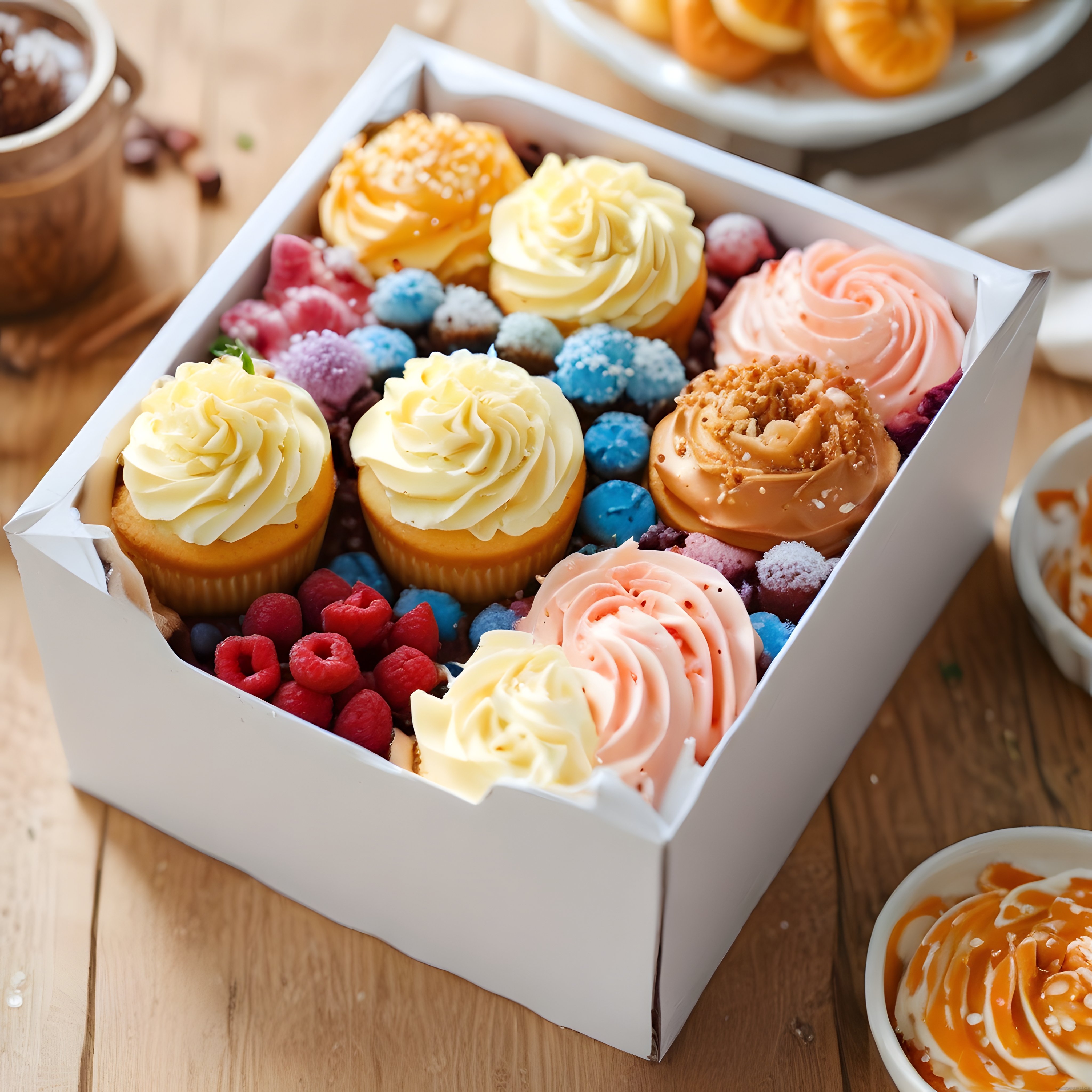 Ahşap Masa Üzerinde Renkli Cupcake ve Dondurma Toplarıyla Dolu Tatlı Kutusu