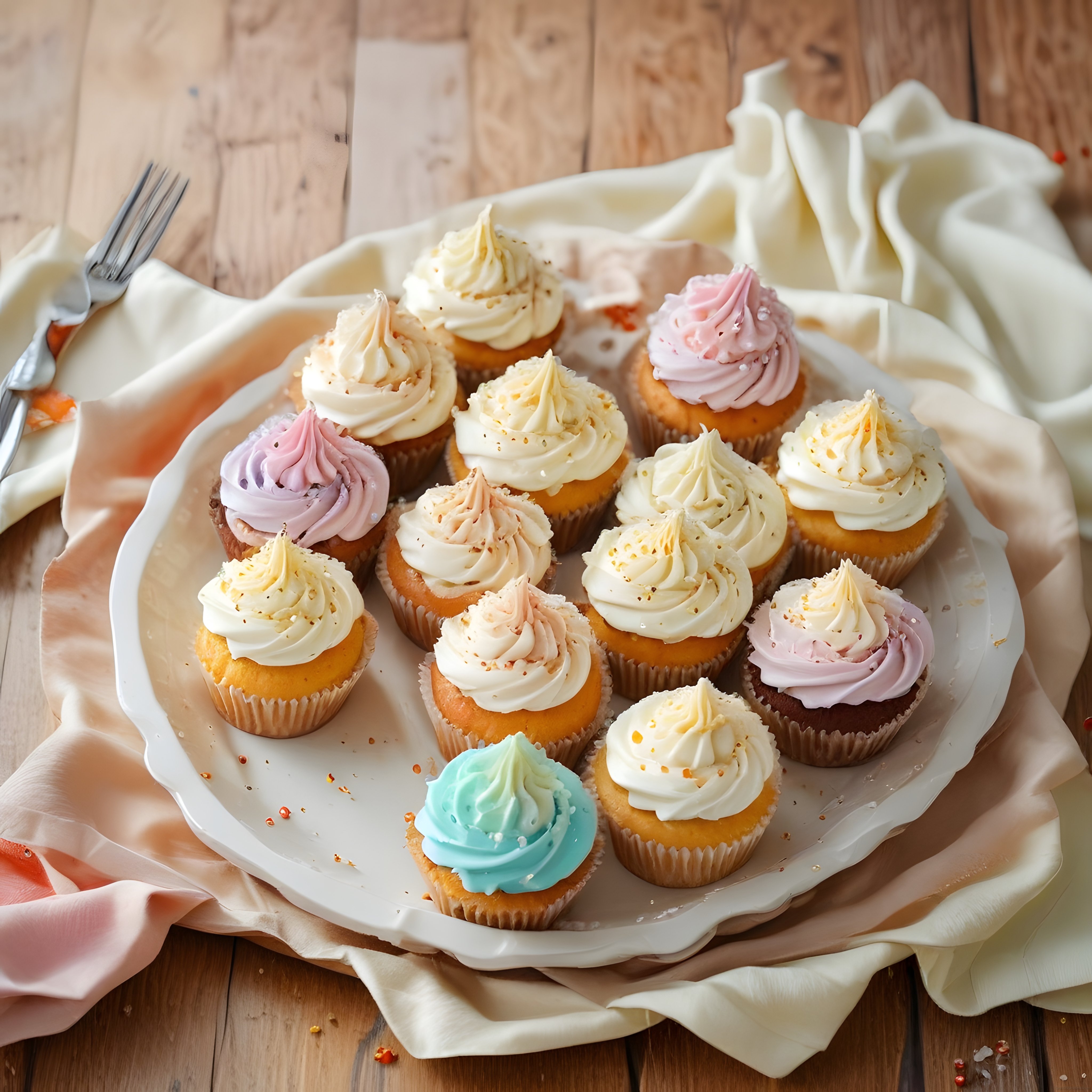 Ahşap masa üzerinde renkli kremalı cupcakeler ve ev yapımı tatlı sunumu