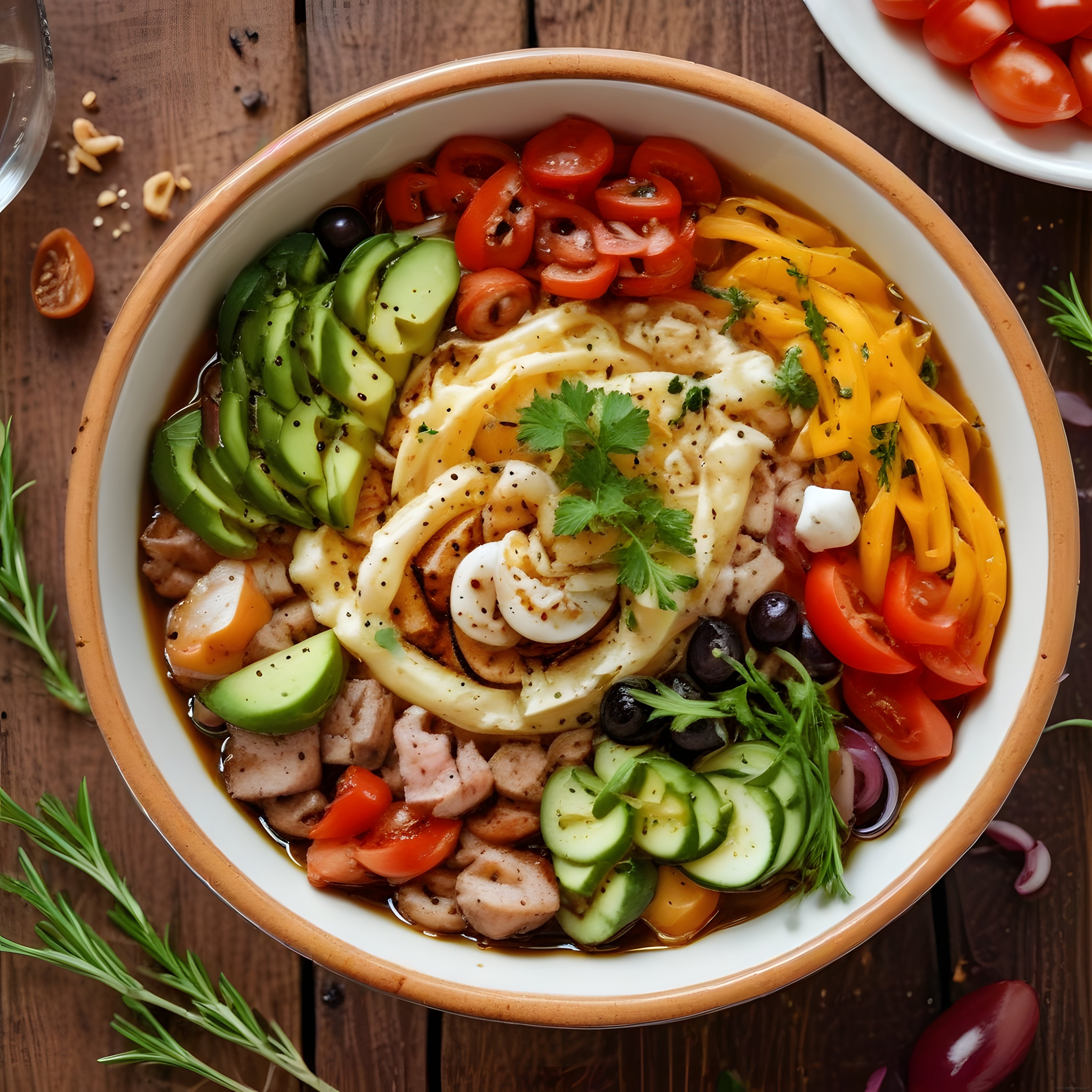 Ahşap masa üzerinde renkli malzemelerle süslenmiş taze ve sağlıklı salata kasesi