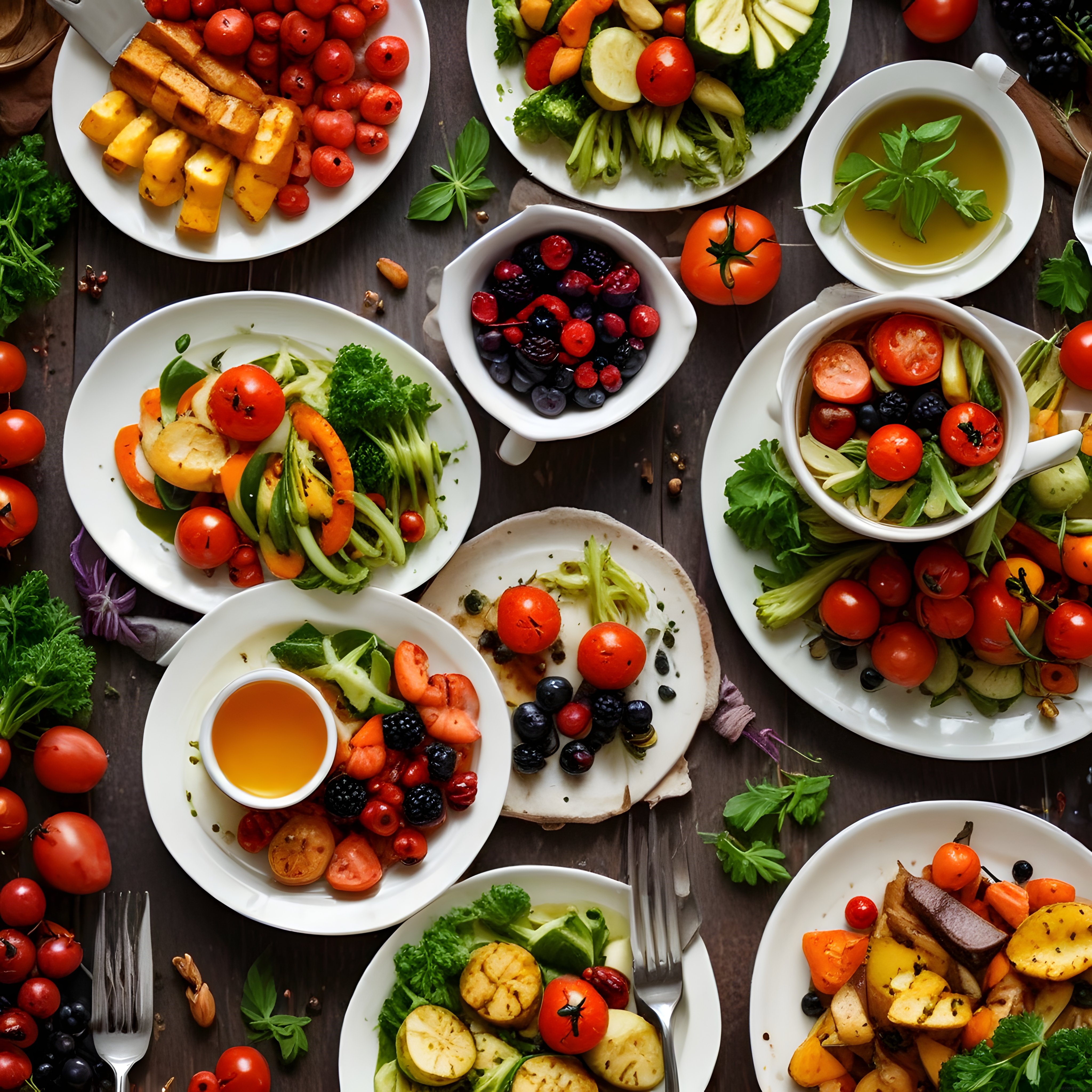 Ahşap masa üzerinde renkli sebze ve meyve tabaklarıyla sağlıklı vegan sunum