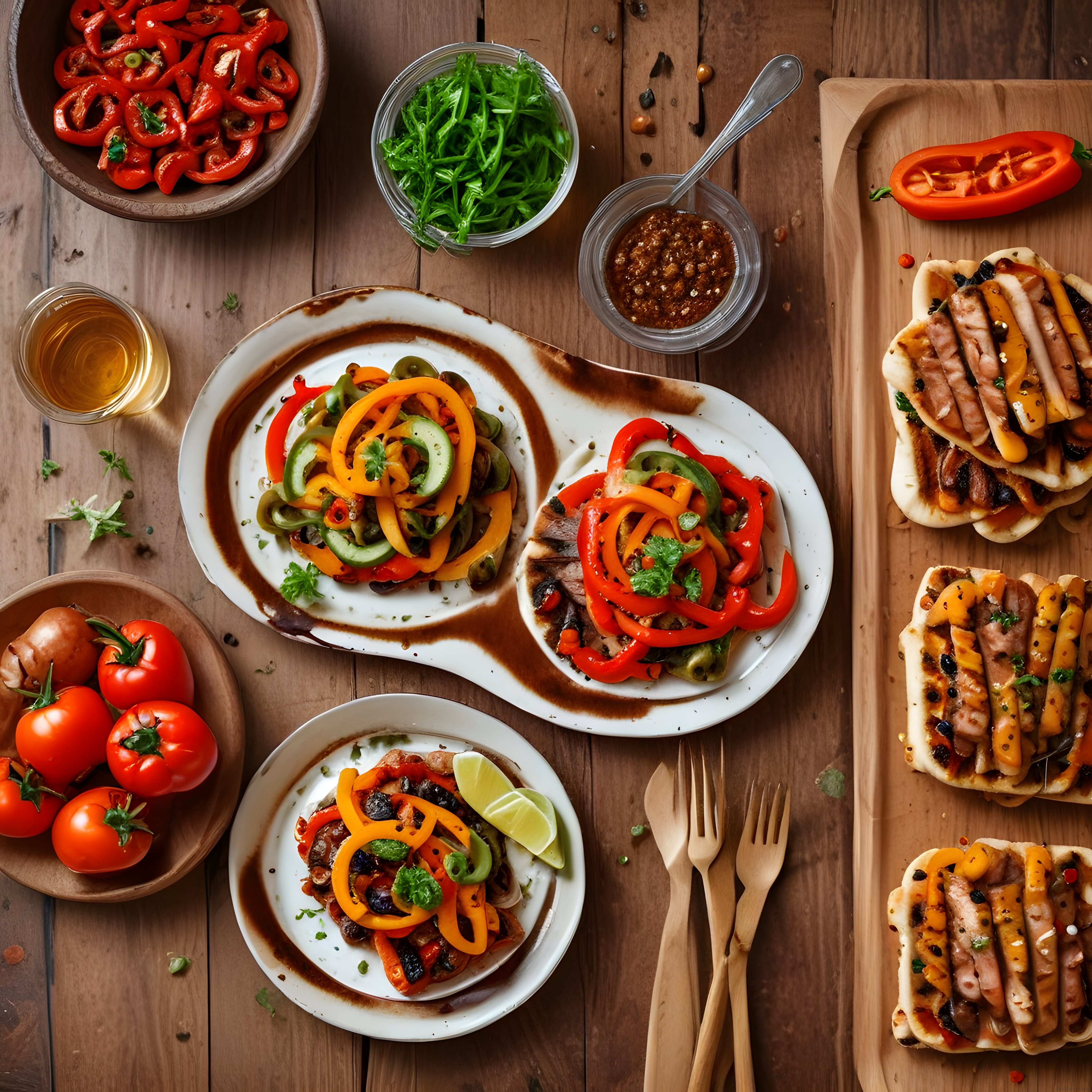 Ahşap Masa Üzerinde Renkli Sebzeler ve Et ile Hazırlanmış Tost Sunumu