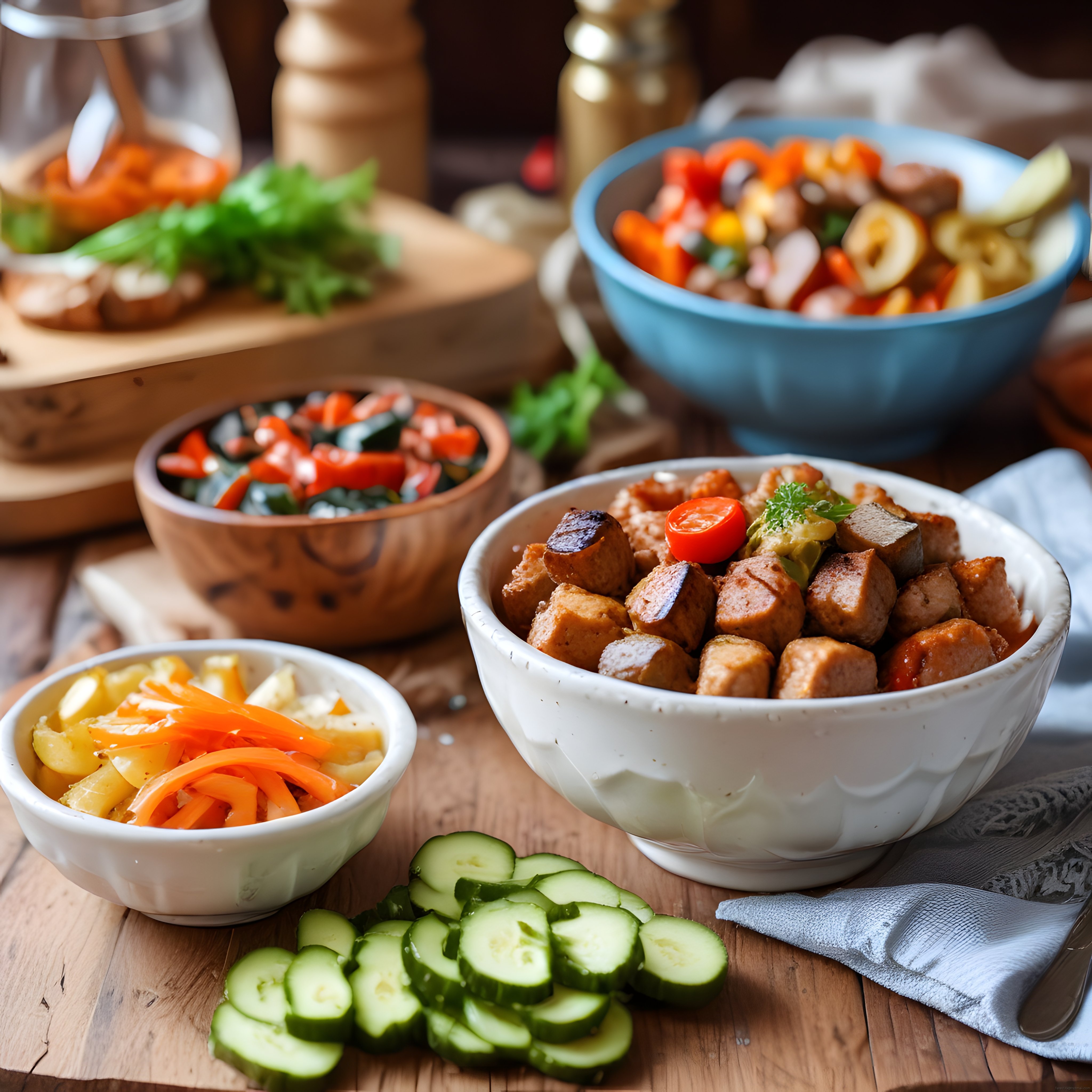 Ahşap Masa Üzerinde Renkli Sebzeler ve Tofu ile Besleyici Vegan Bowl Sunumu