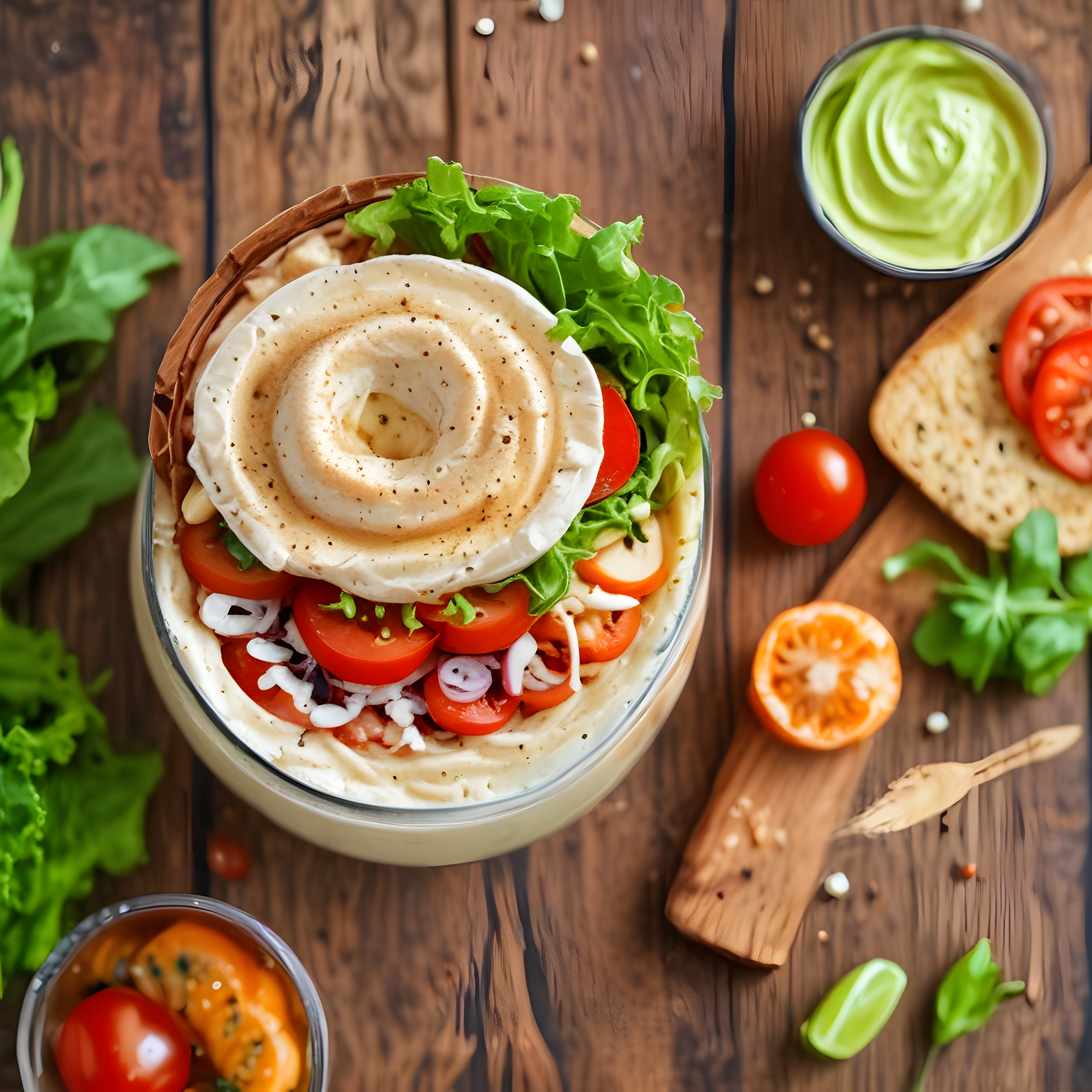 Ahşap Masa Üzerinde Renkli Sebzelerle Süslenmiş Kremalı Humus Kasesi