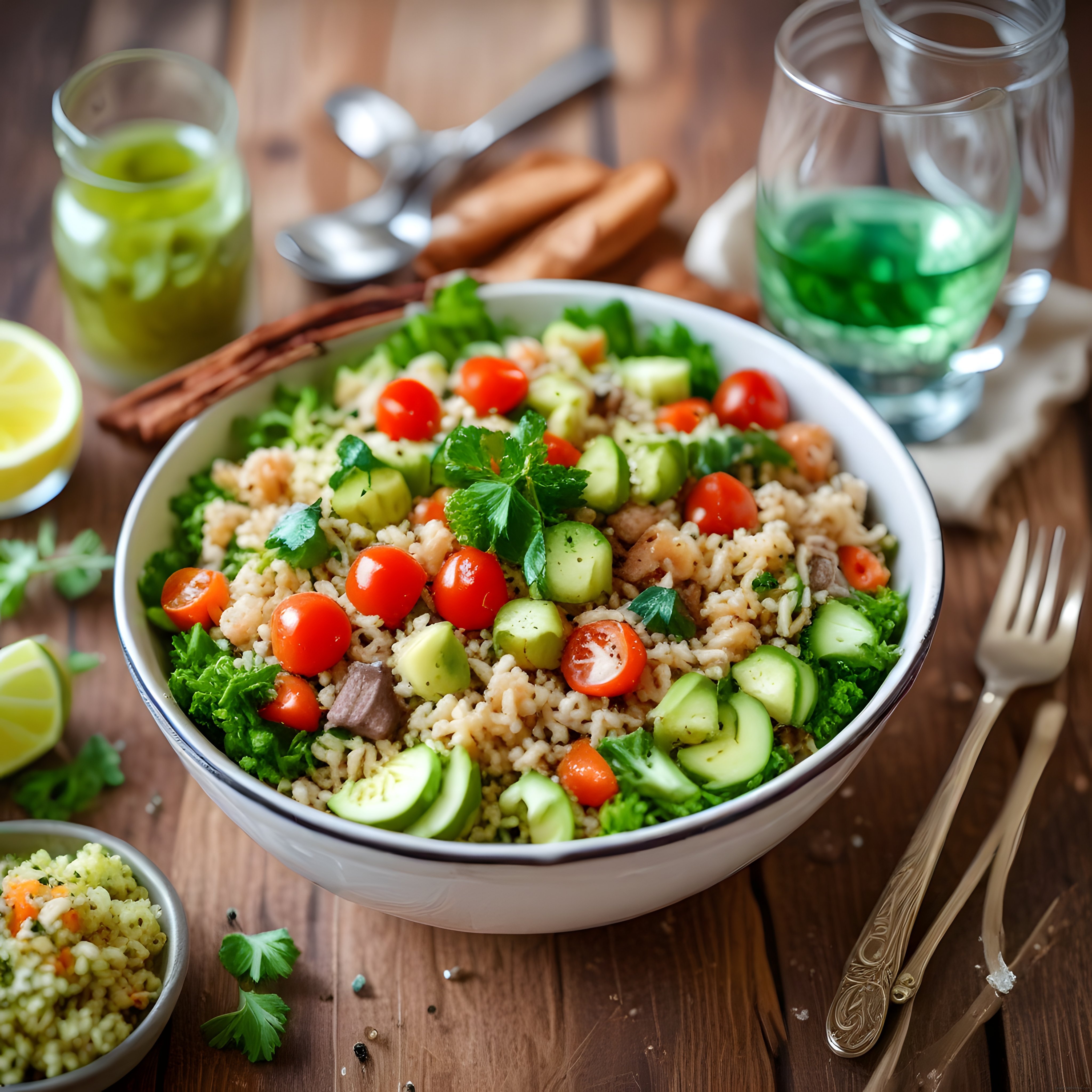 Ahşap Masa Üzerinde Renkli Sebzeli ve Pirinçli Sağlıklı Bowl Tarifi