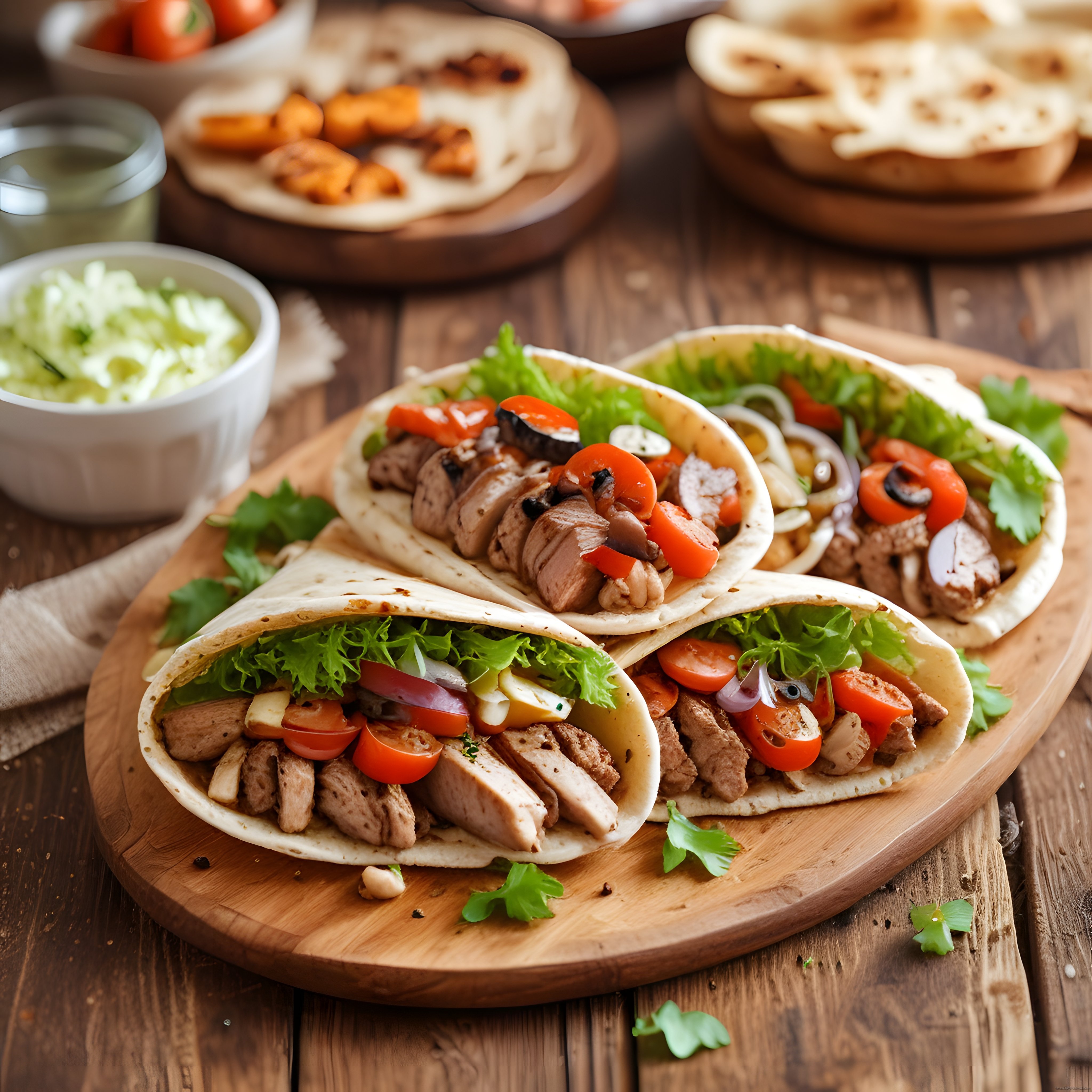 Ahşap Masa Üzerinde Renkli Sebzeli ve Tavuklu Meksika Taco Sunumu