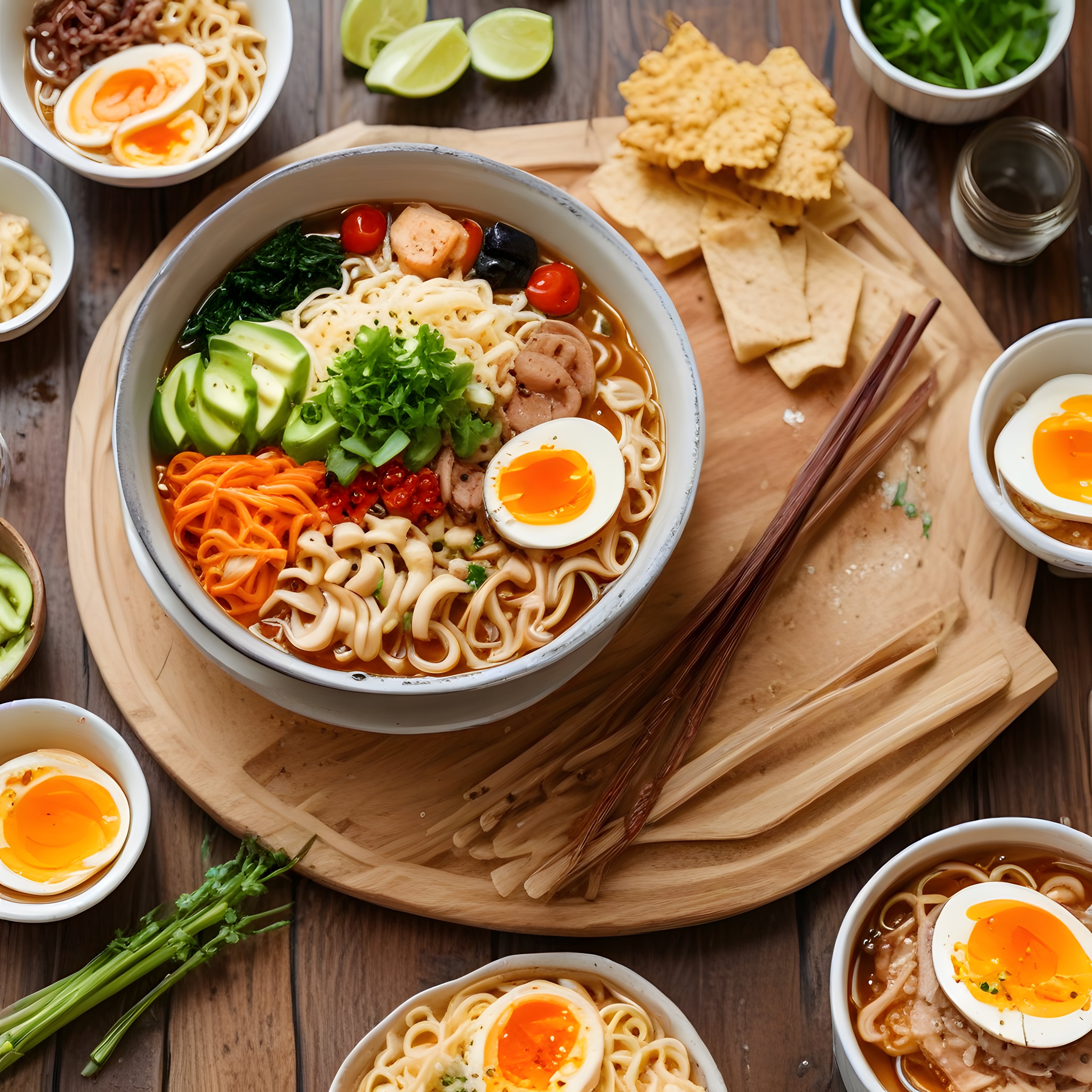 Ahşap masa üzerinde renkli sebzeli ve yumurtalı Asya usulü noodle kasesi