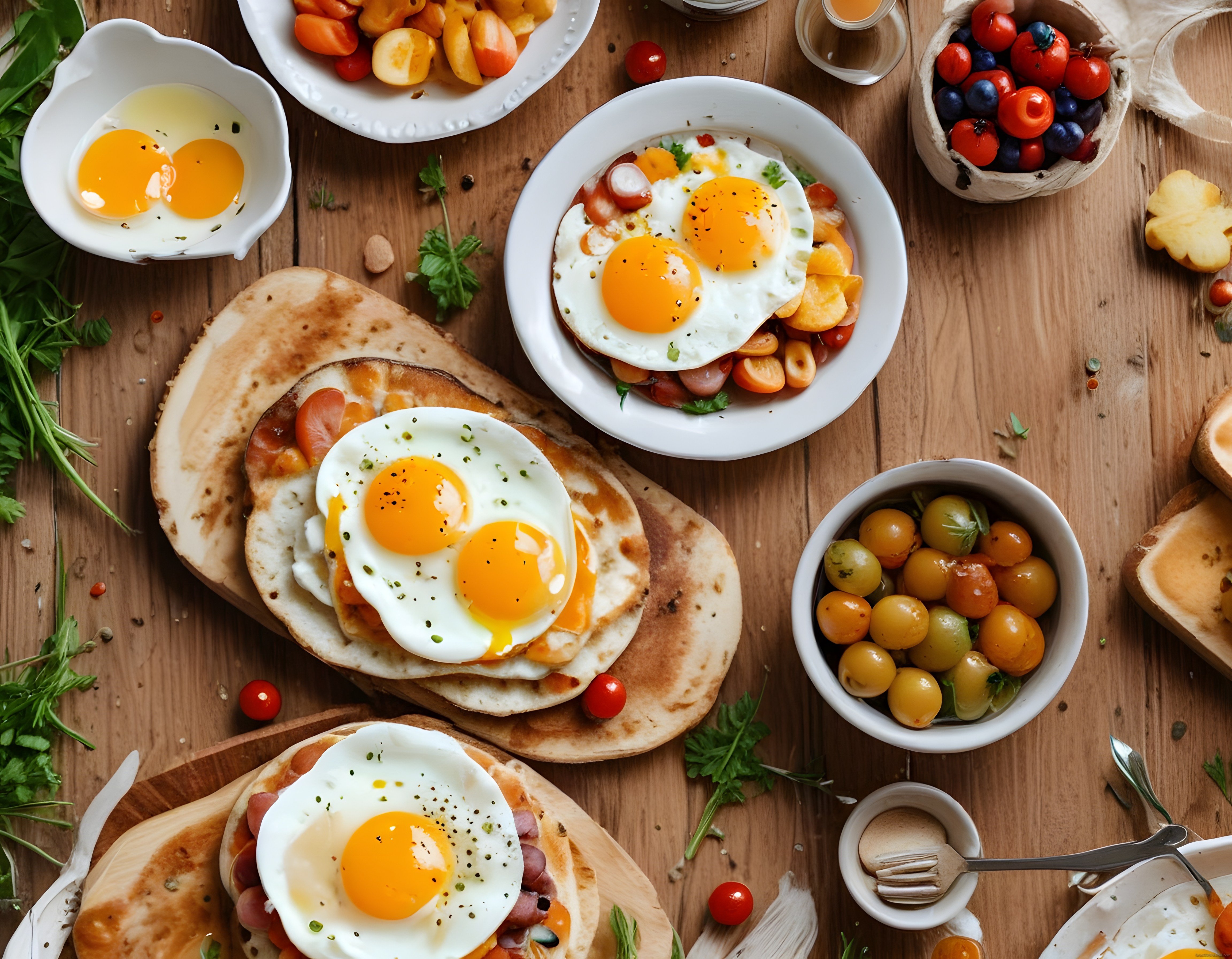 Ahşap Masa Üzerinde Renkli Serpme Kahvaltı ve Güneşte Kızarmış Yumurtalar