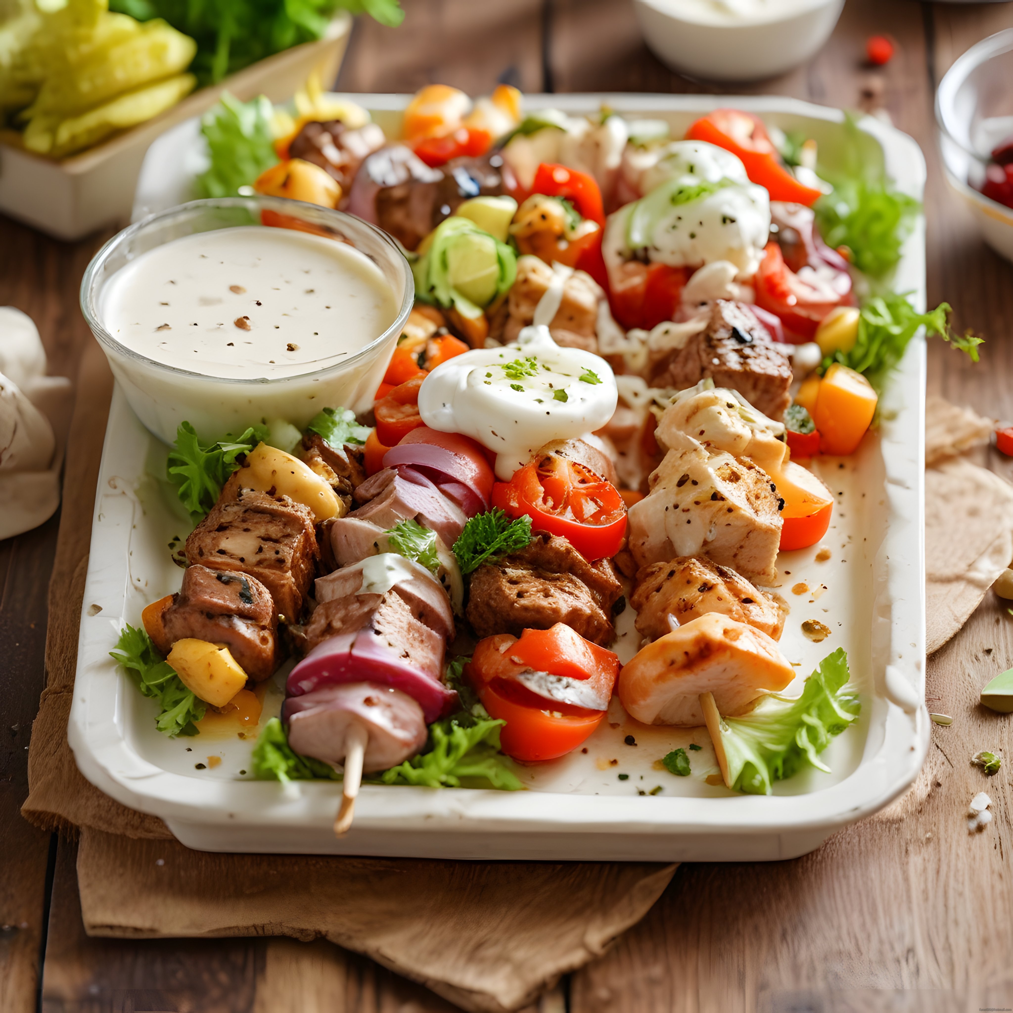 Ahşap Masa Üzerinde Renkli Şiş Kebap ve Izgara Çeşitleri Sunumu