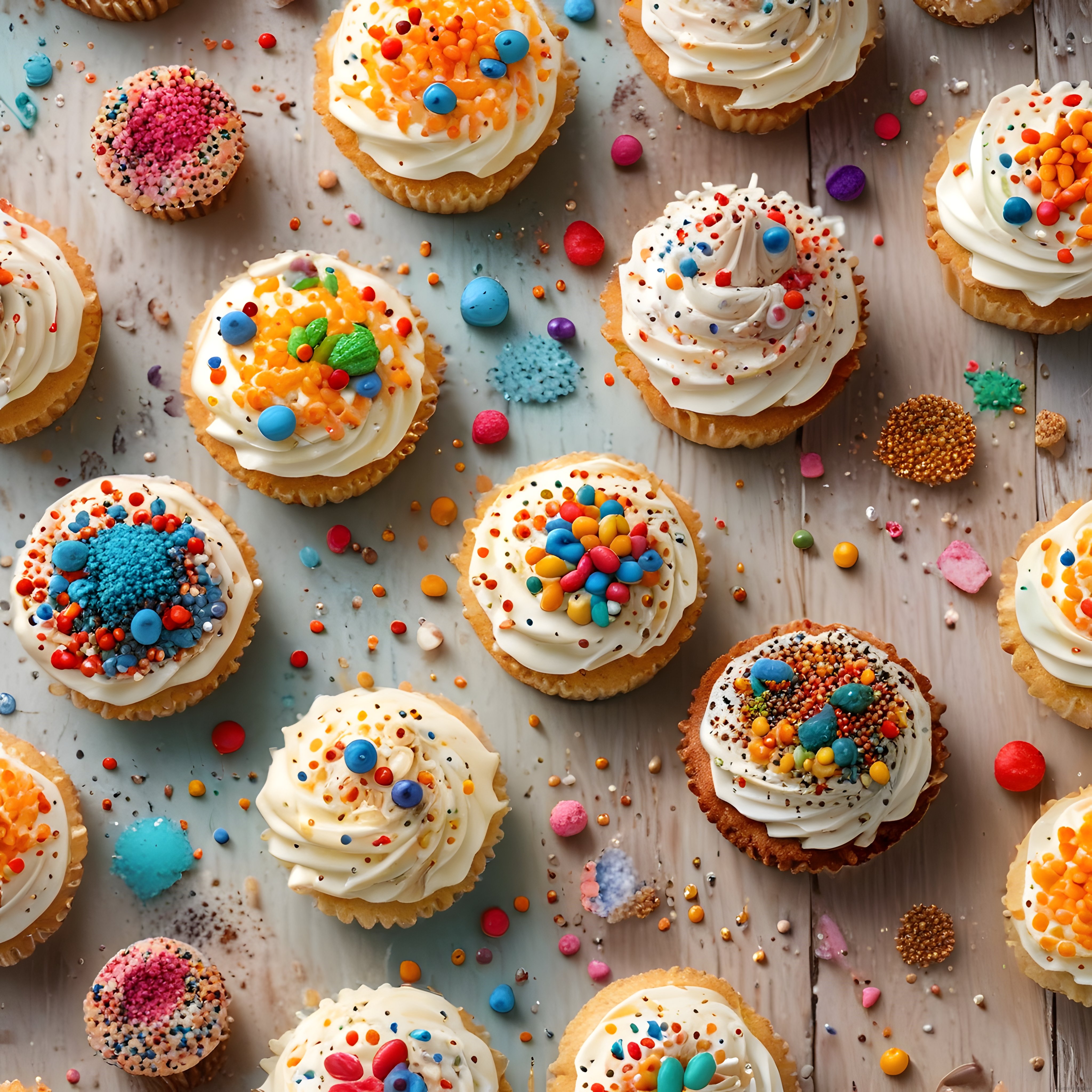 Ahşap Masa Üzerinde Renkli Süslü Cupcakeler ve Neşeli Parti Tatlıları