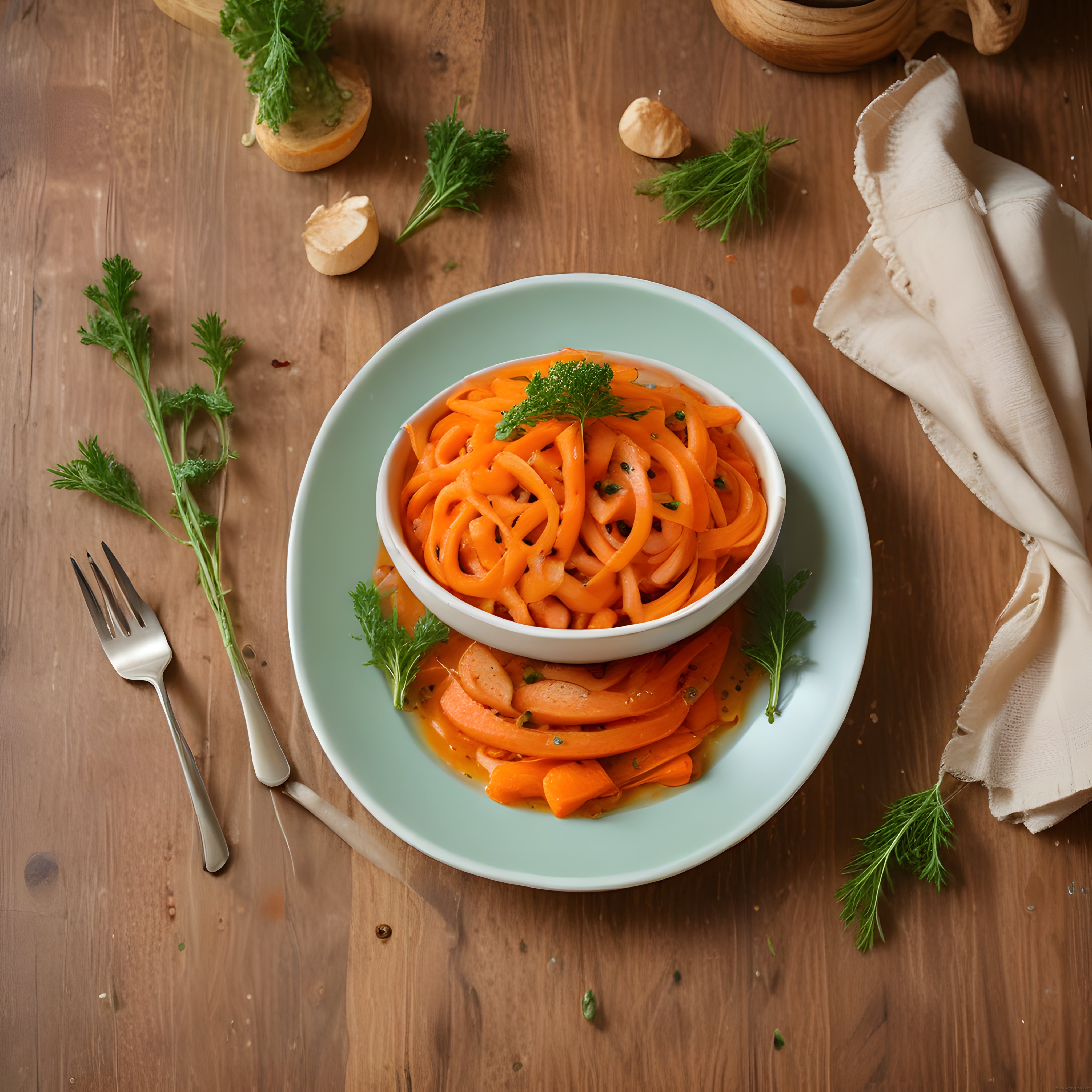Ahşap Masa Üzerinde Rustik Havuç Şeritleri ile Sağlıklı Vegan Makarna Sunumu
