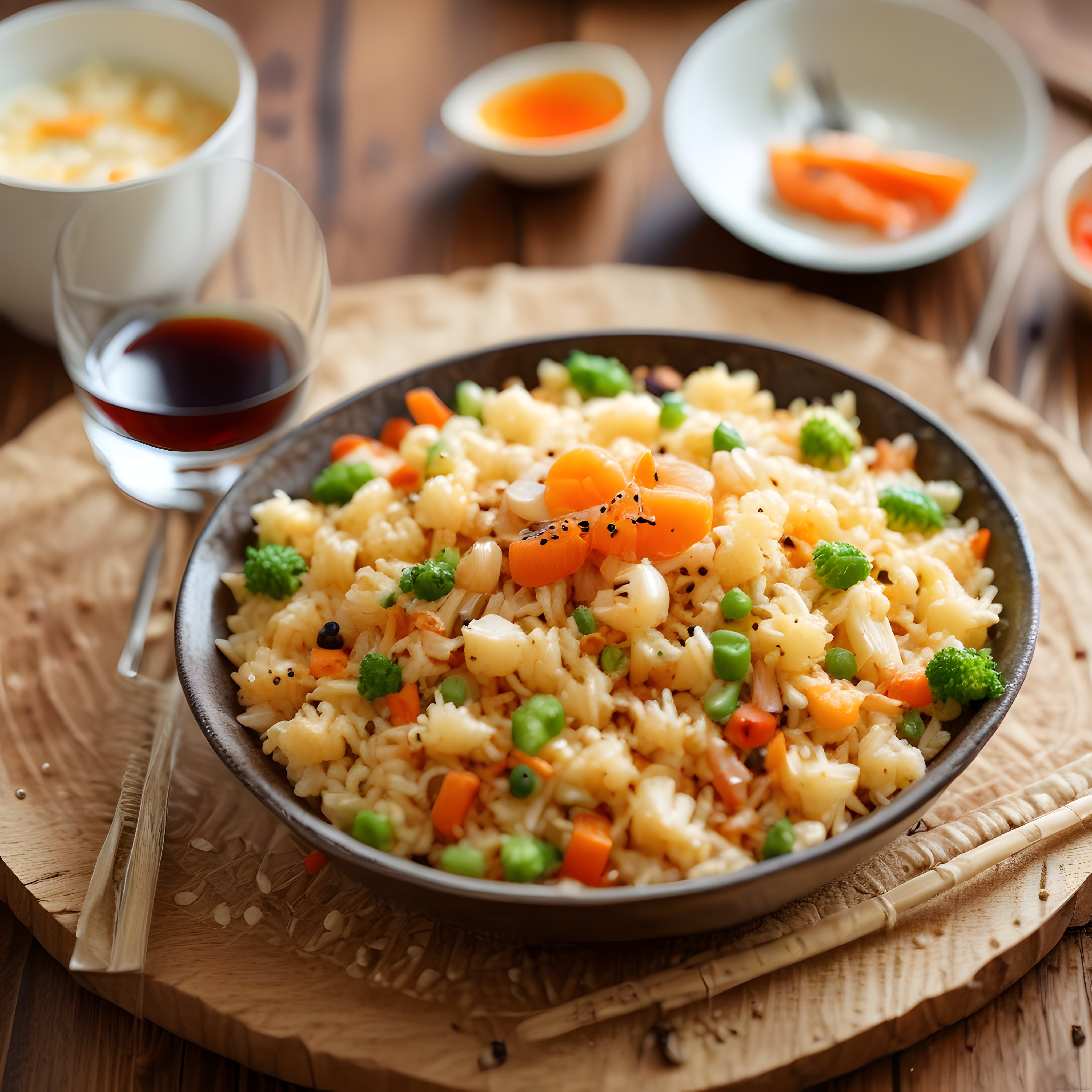 Ahşap Masa Üzerinde Sebzeli Kremalı Pirinç Yemeği ve Soya Sosu Sunumu