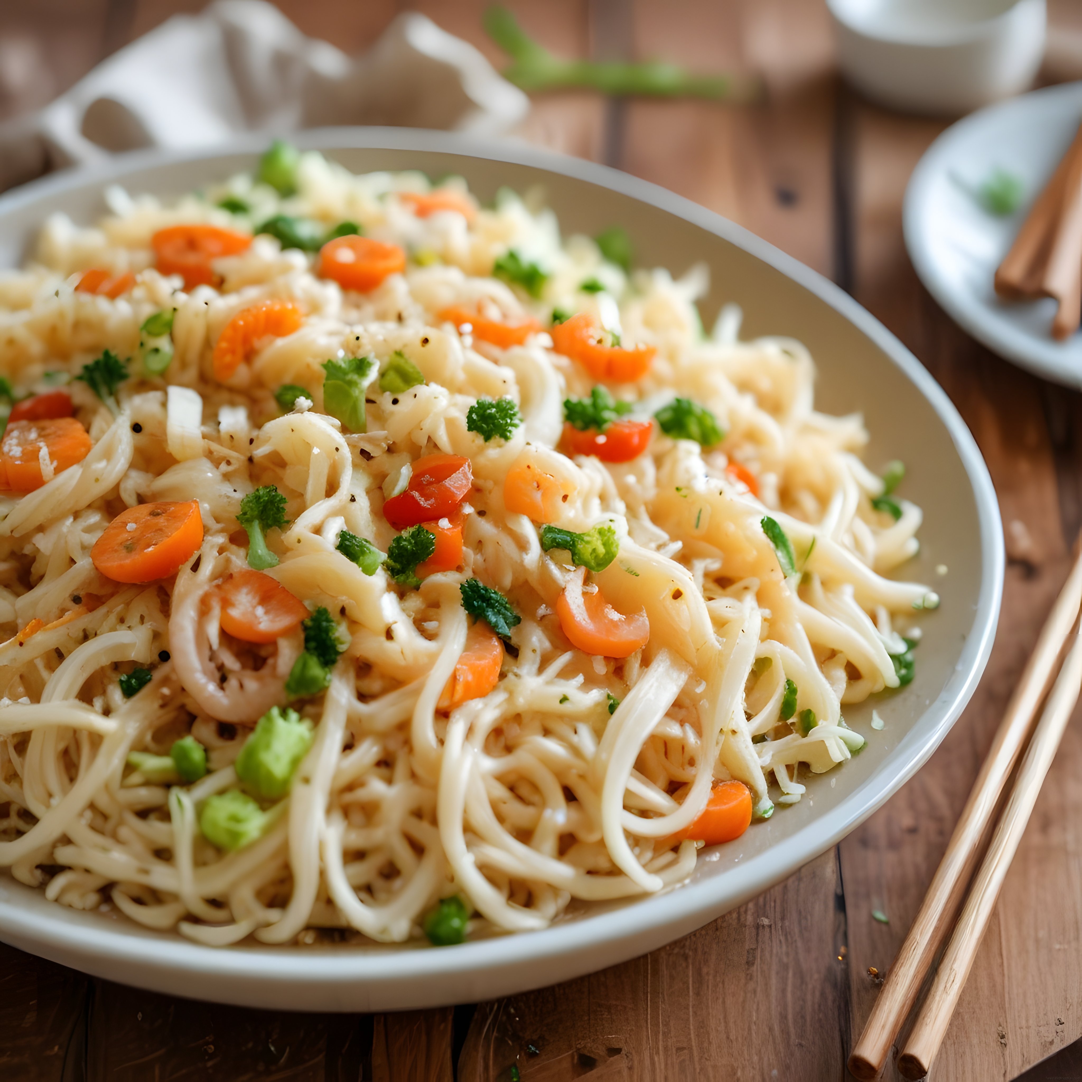 Ahşap Masa Üzerinde Sebzeli Noodle ve Çin Mantısı ile Asya Mutfağı Sunumu