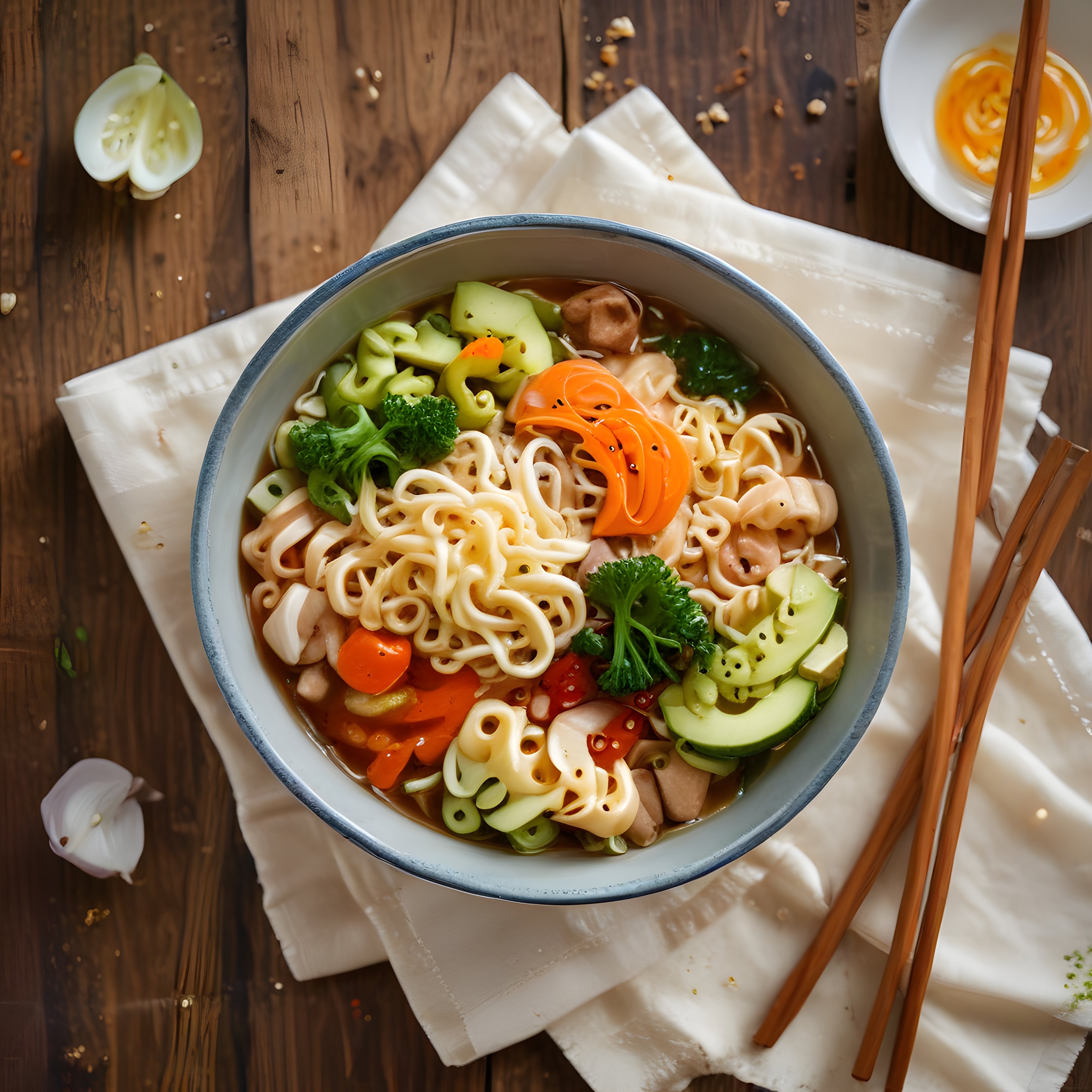 Ahşap Masa Üzerinde Sebzeli ve Haşlanmış Yumurtalı Sıcak Ramen Kasesi