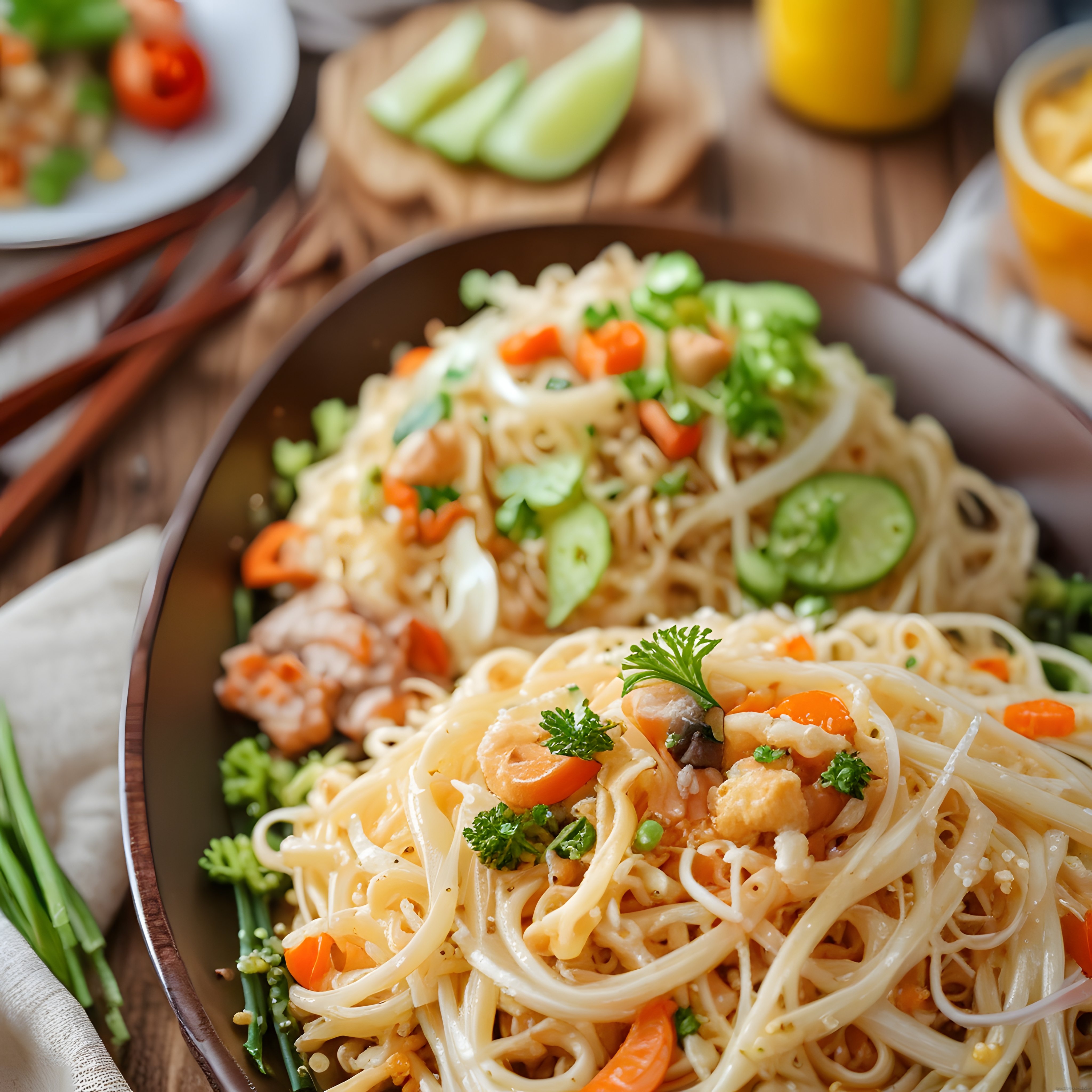 ahşap masa üzerinde sebzeli ve karidesli asya usulü noodle tabakları