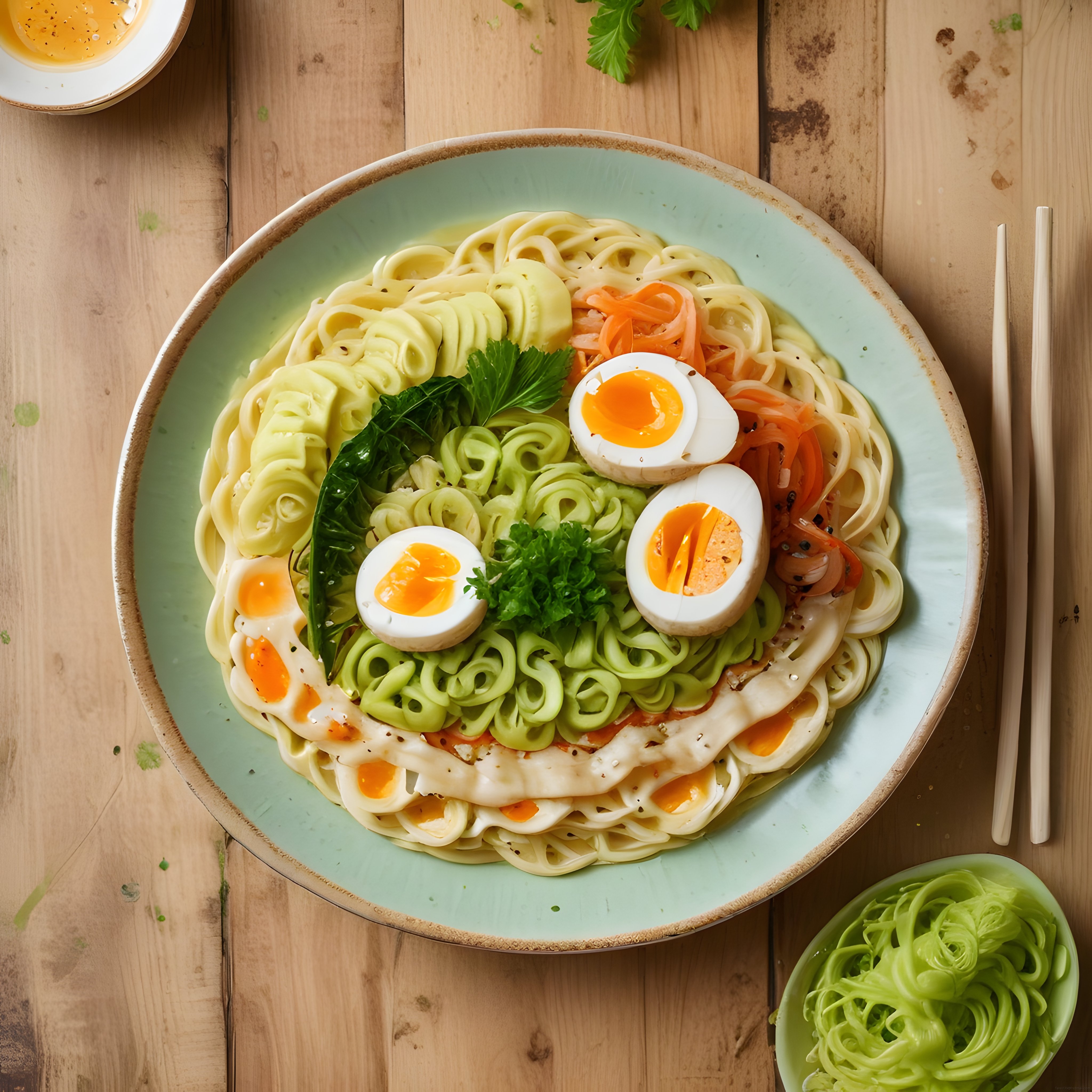 Ahşap masa üzerinde seramik kasede yumurtalı ve sebzeli noodle sunumu