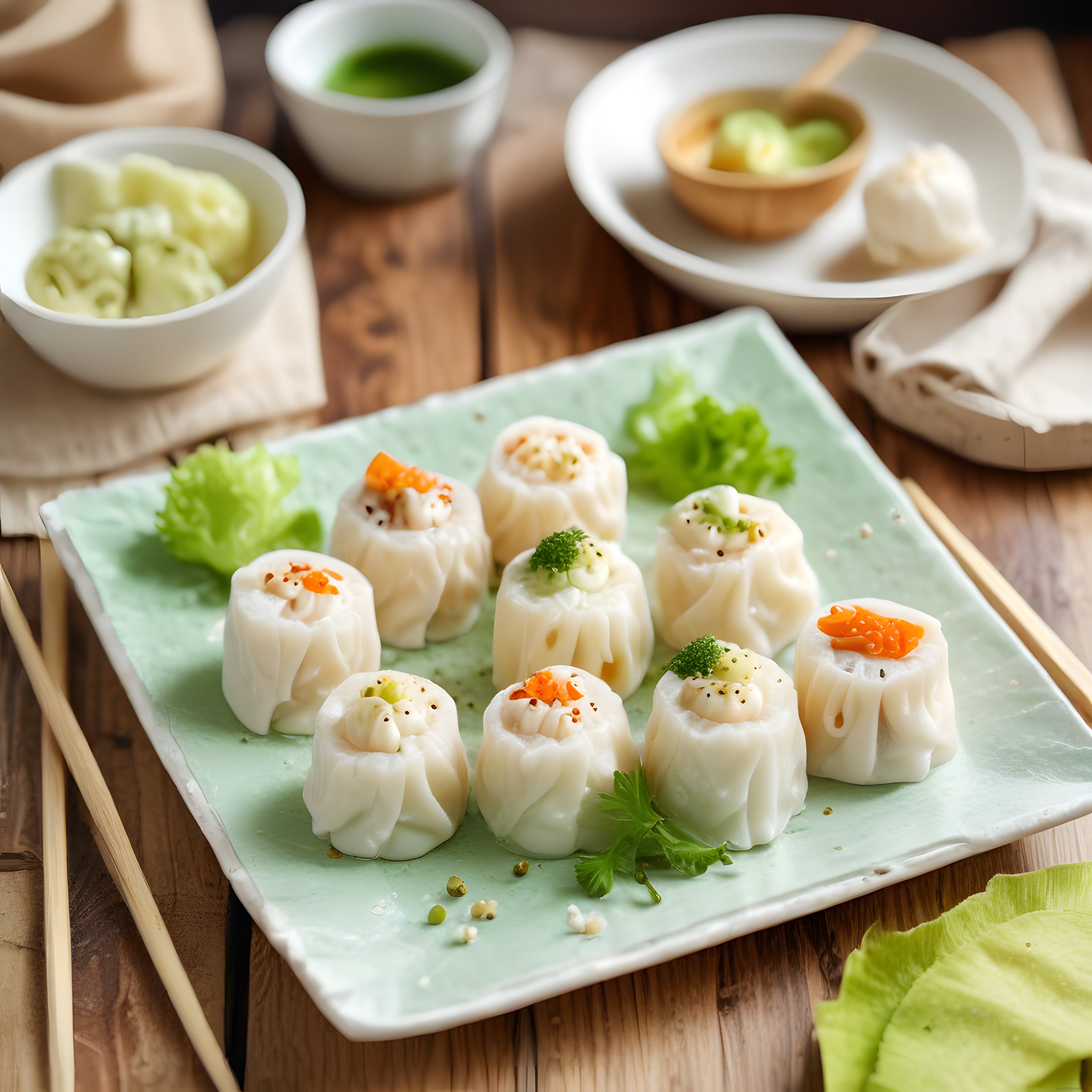 Ahşap Masa Üzerinde Seramik Tabakta Sunulan Şık Dim Sum ve Geleneksel Soslar