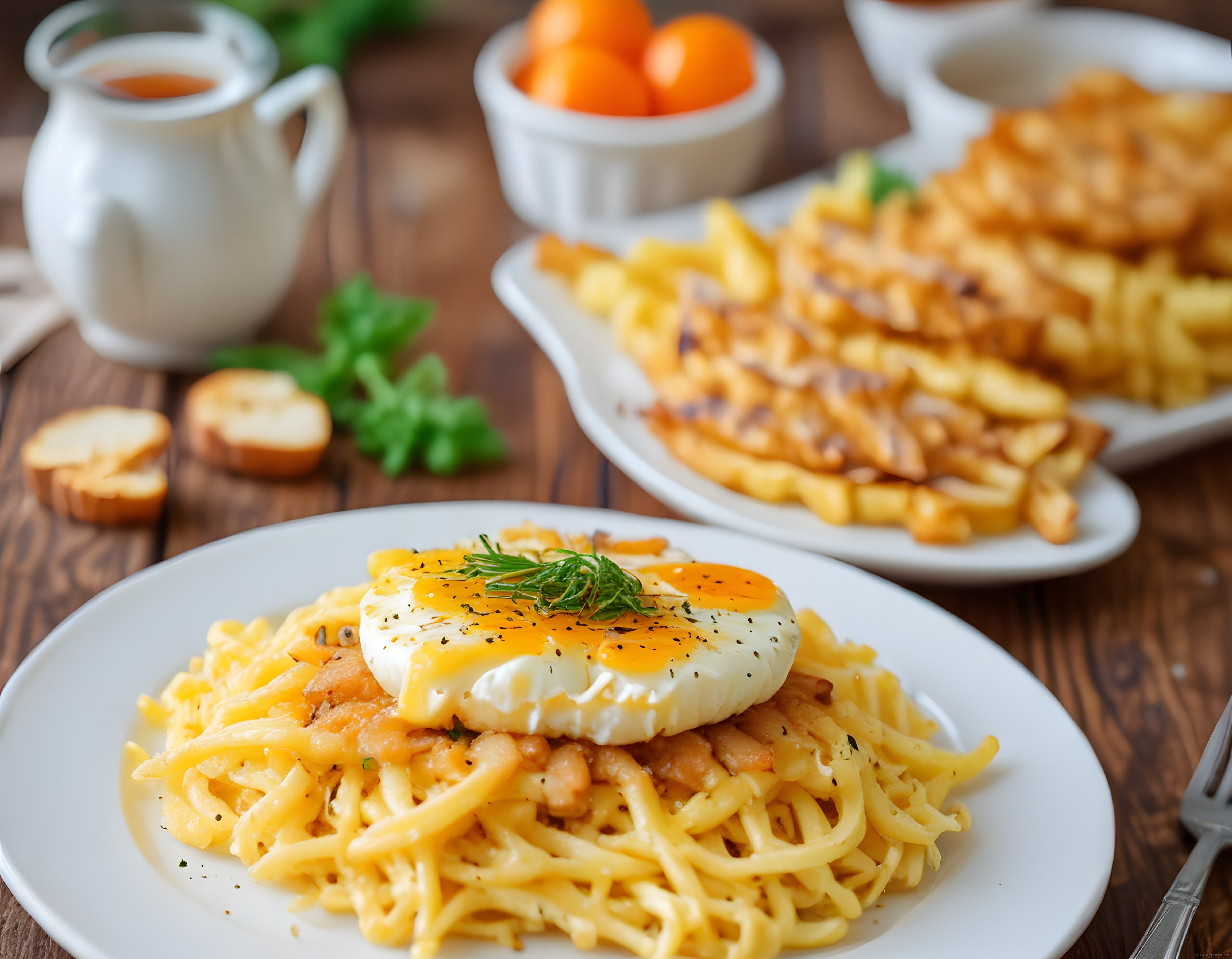 Ahşap Masa Üzerinde Servis Edilmiş Yumurtalı Makarna ve Tavuk Menü