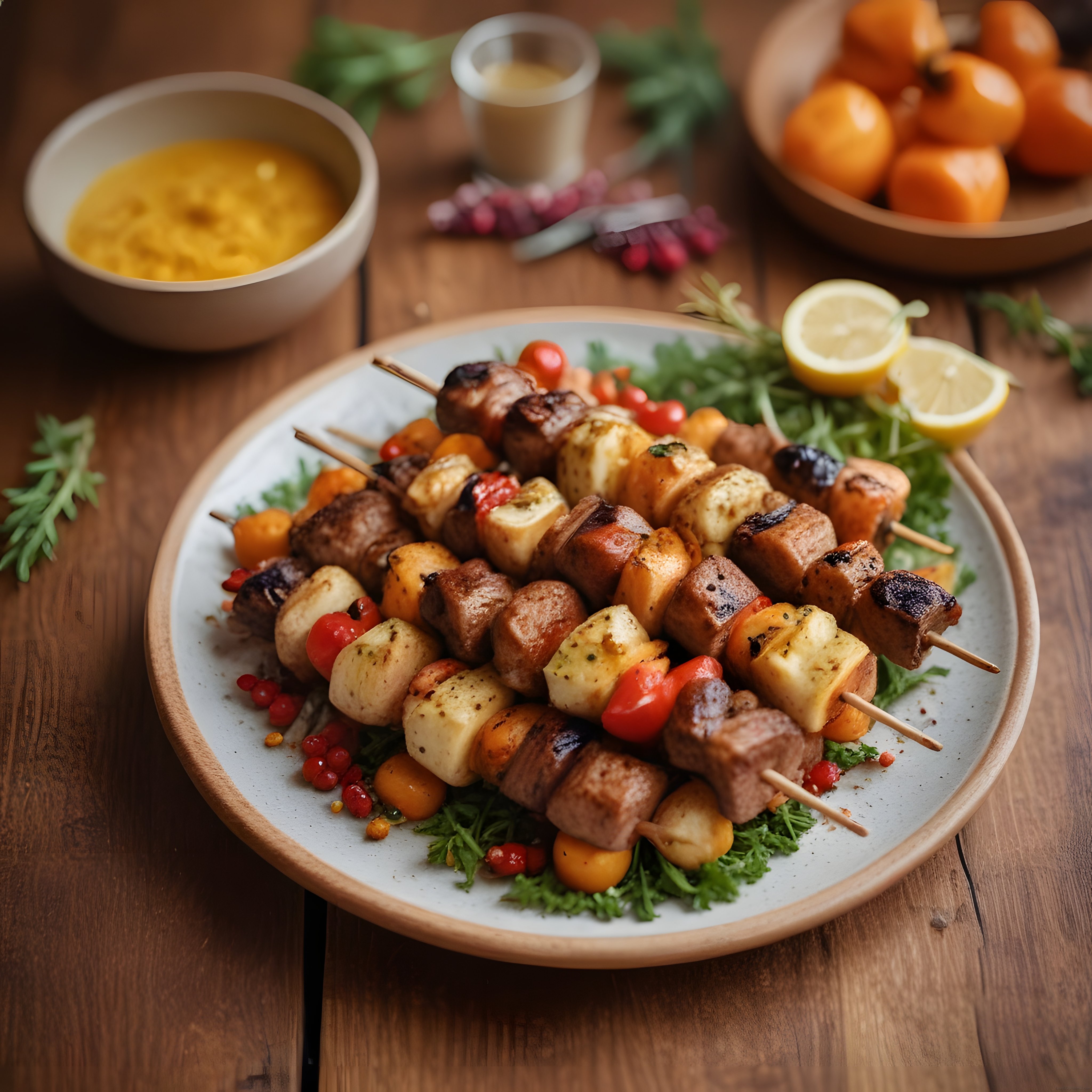 Ahşap Masa Üzerinde Şiş Kebabı ve Izgara Sebzelerle Lezzetli Sunum