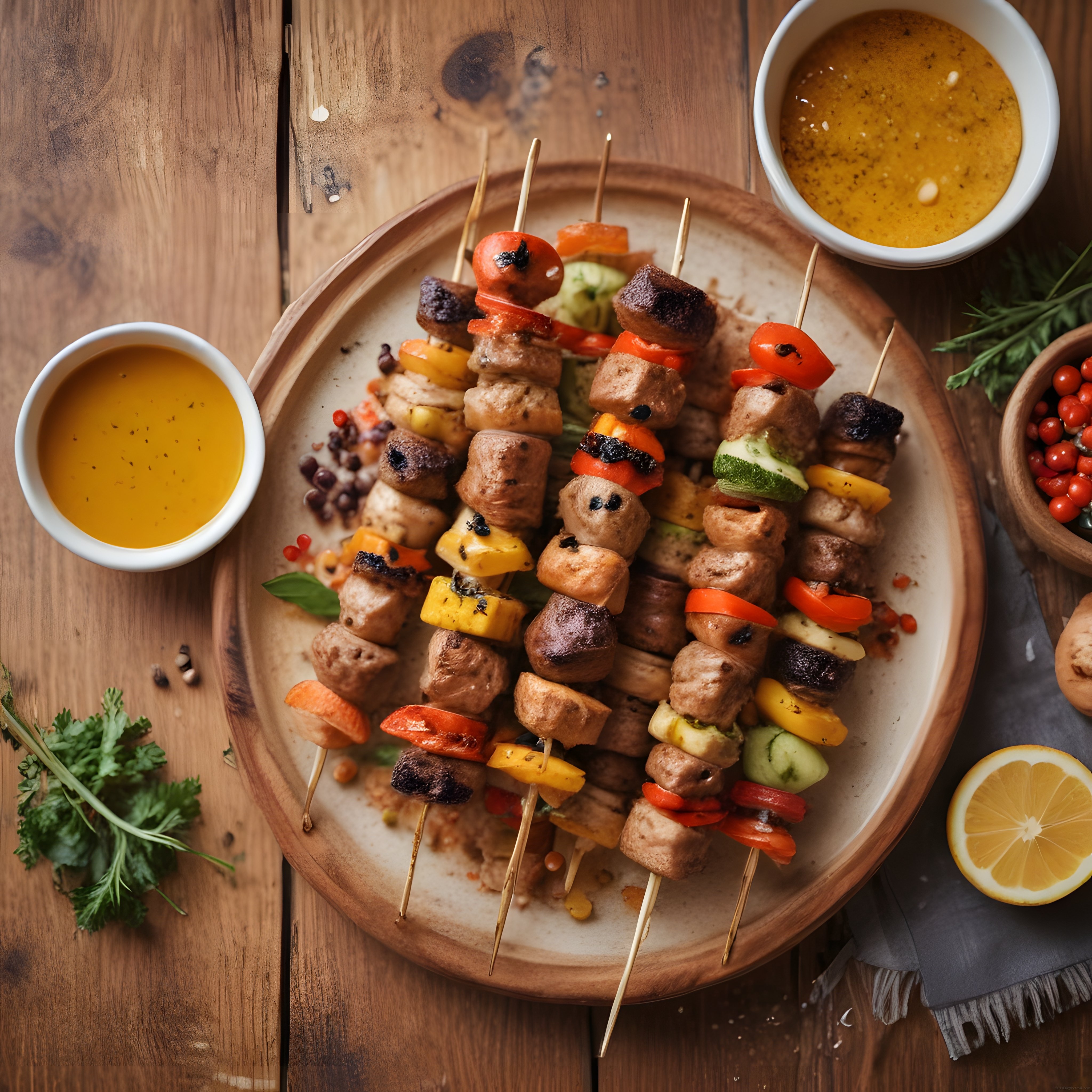 Ahşap Masa Üzerinde Sos Kaseleri ve Limon ile Nefis Etli Şiş Kebap Sunumu