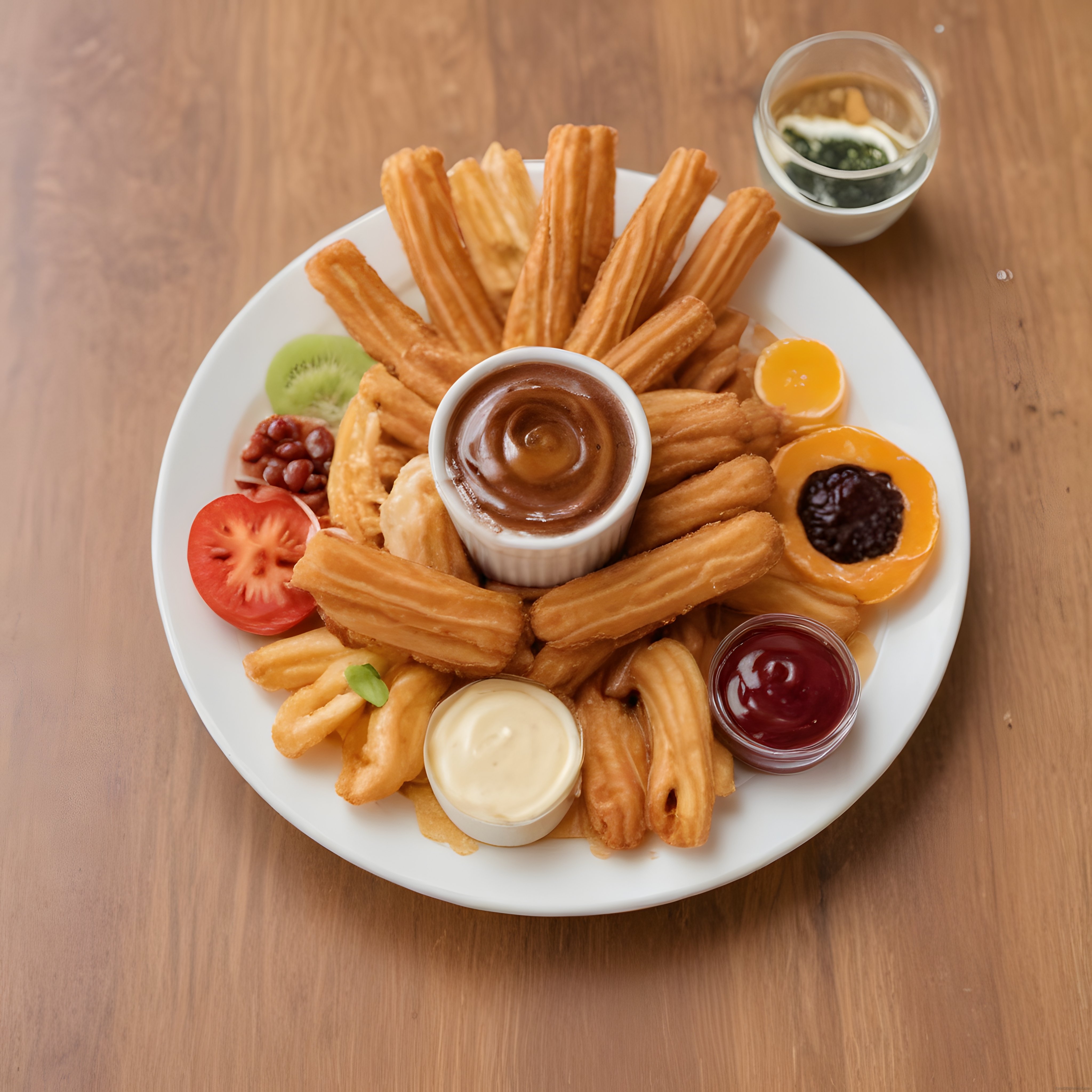 Ahşap Masa Üzerinde Sos ve Meyvelerle Servis Edilmiş Çıtır Churros Tatlısı