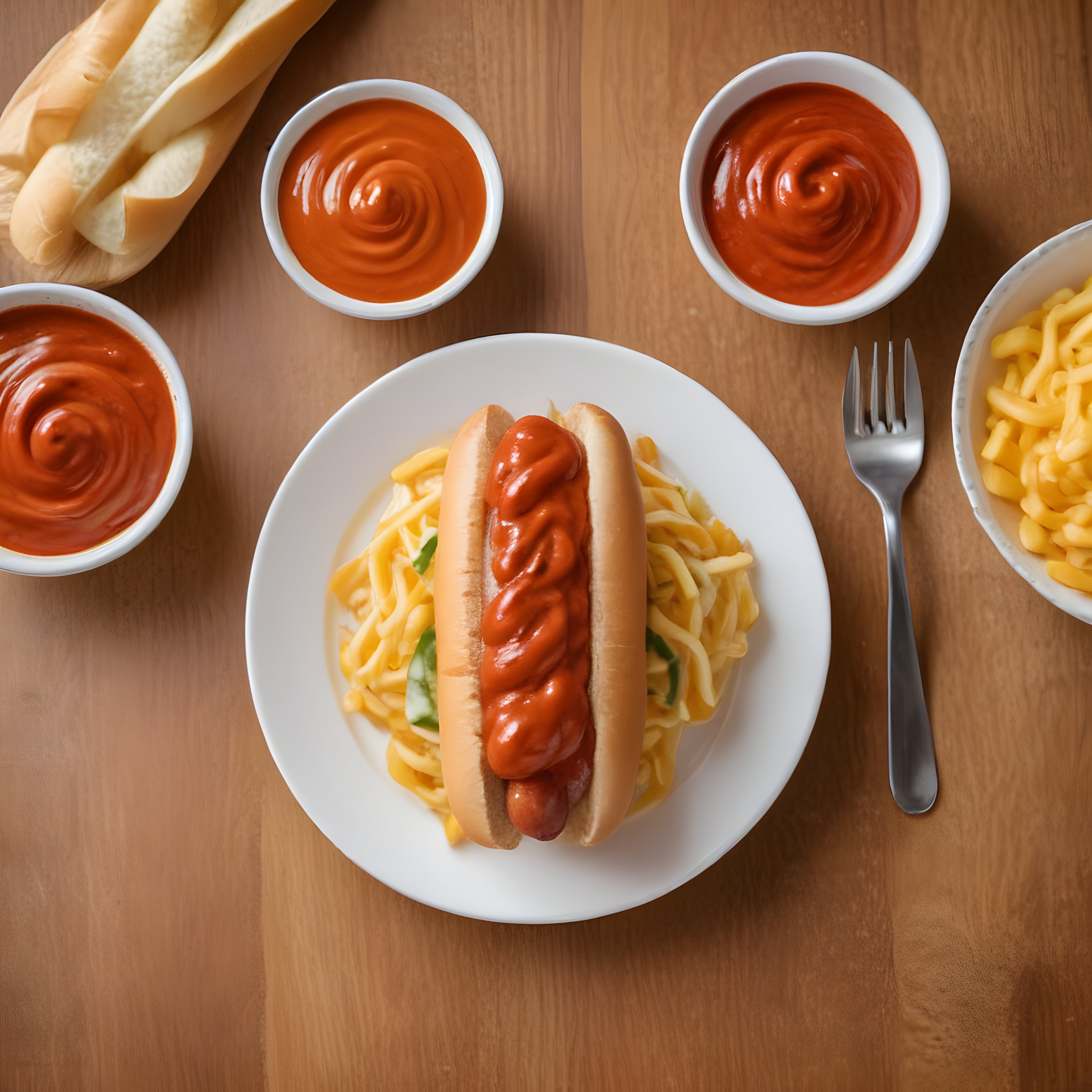 Ahşap Masa Üzerinde Sosisli Ekmek ve Makarna ile Pratik Lezzet