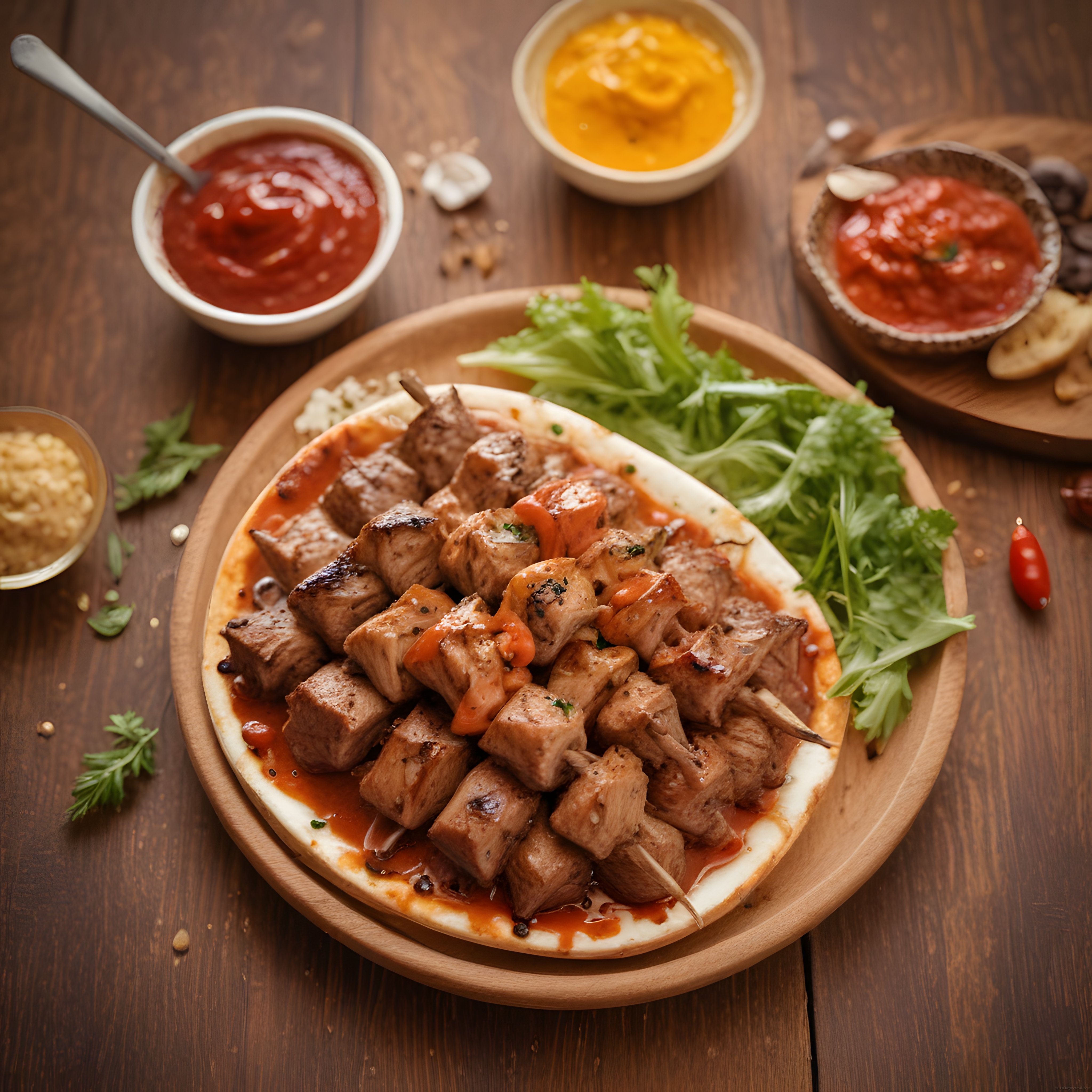 Ahşap Masa Üzerinde Soslar ve Yeşillik Eşliğinde Izgara Şiş Kebap