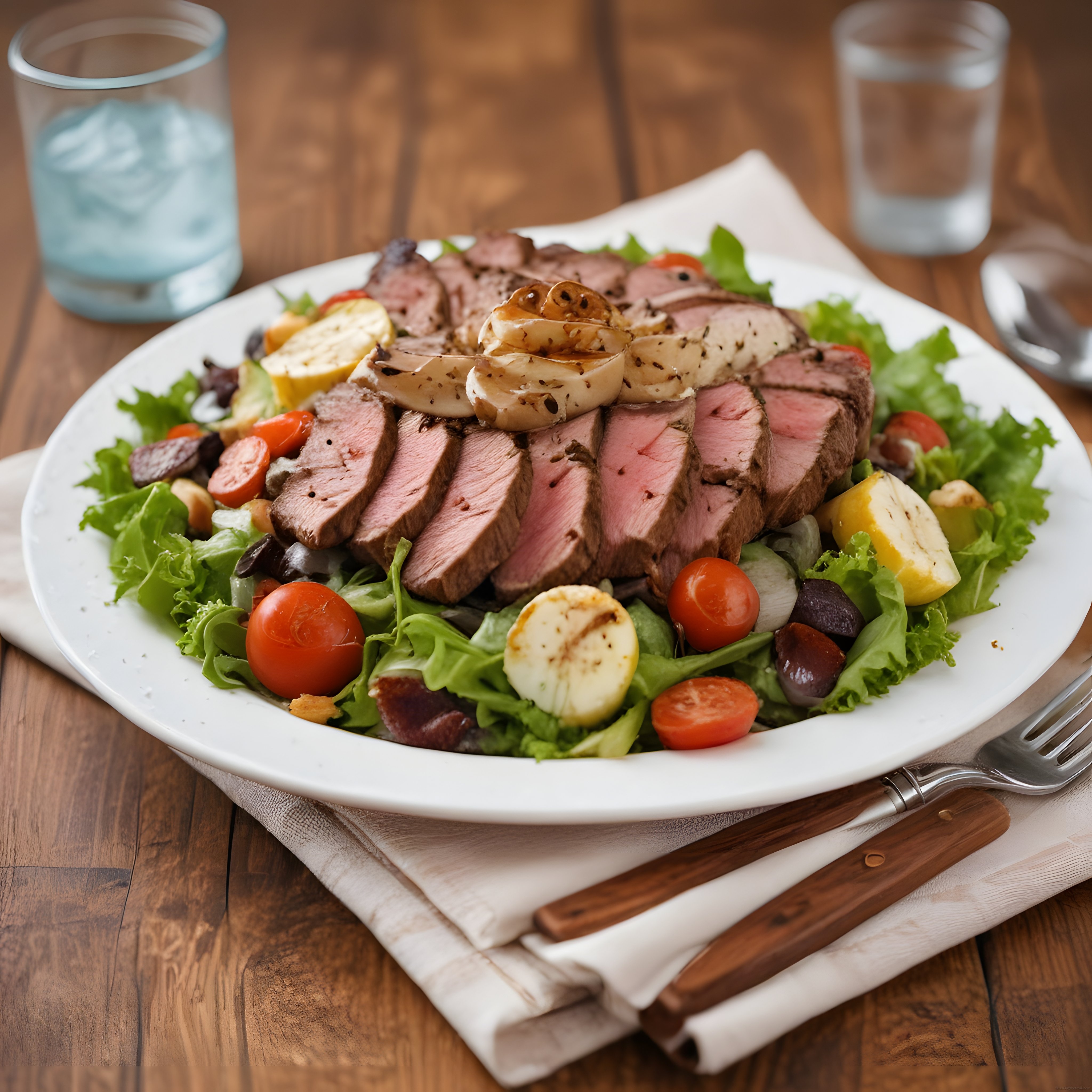 Ahşap Masa Üzerinde Soslu Bonfileli ve Mozzarellalı Akdeniz Salata