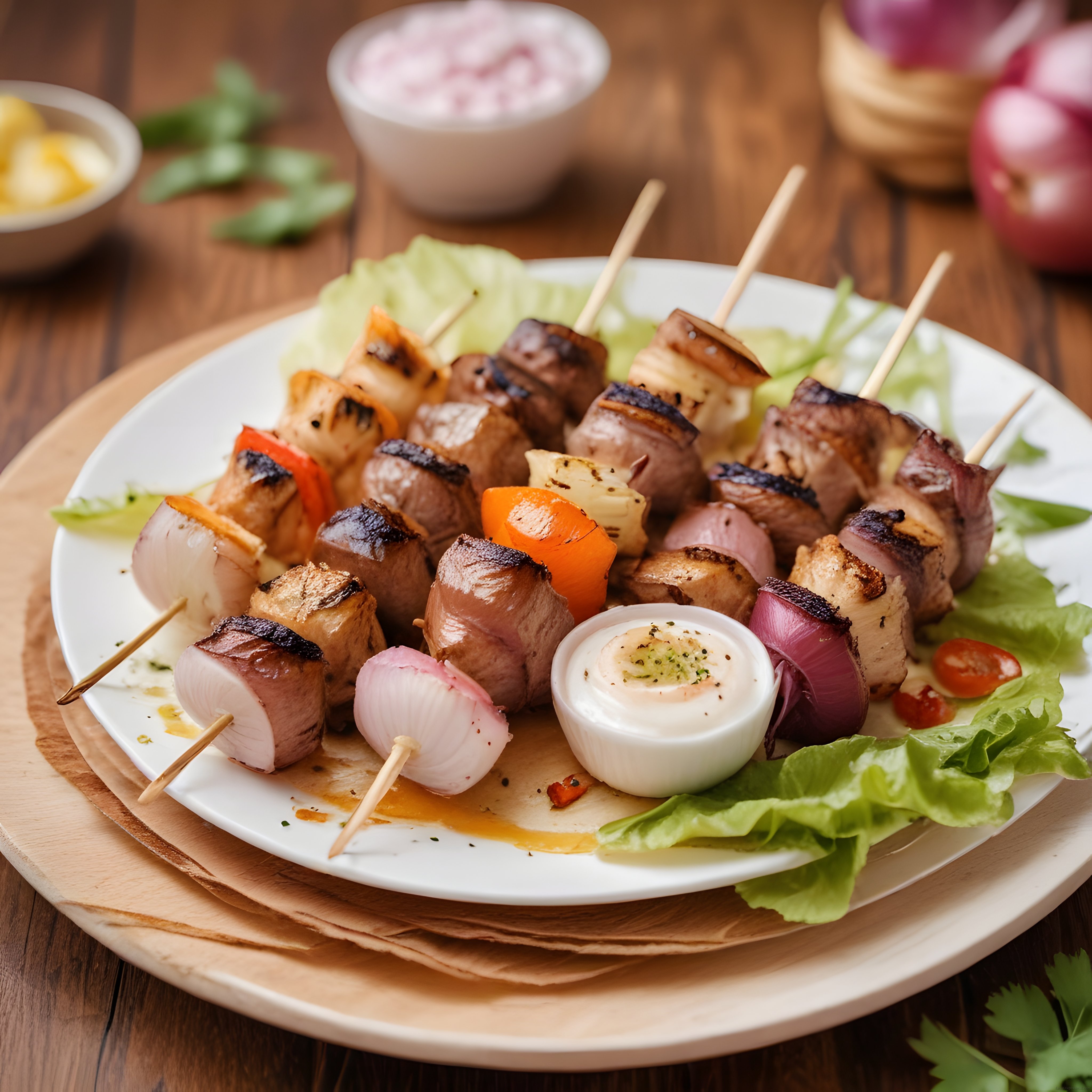 Ahşap Masa Üzerinde Soslu Izgara Şiş Kebap ve Tavuk Şiş Sunumu