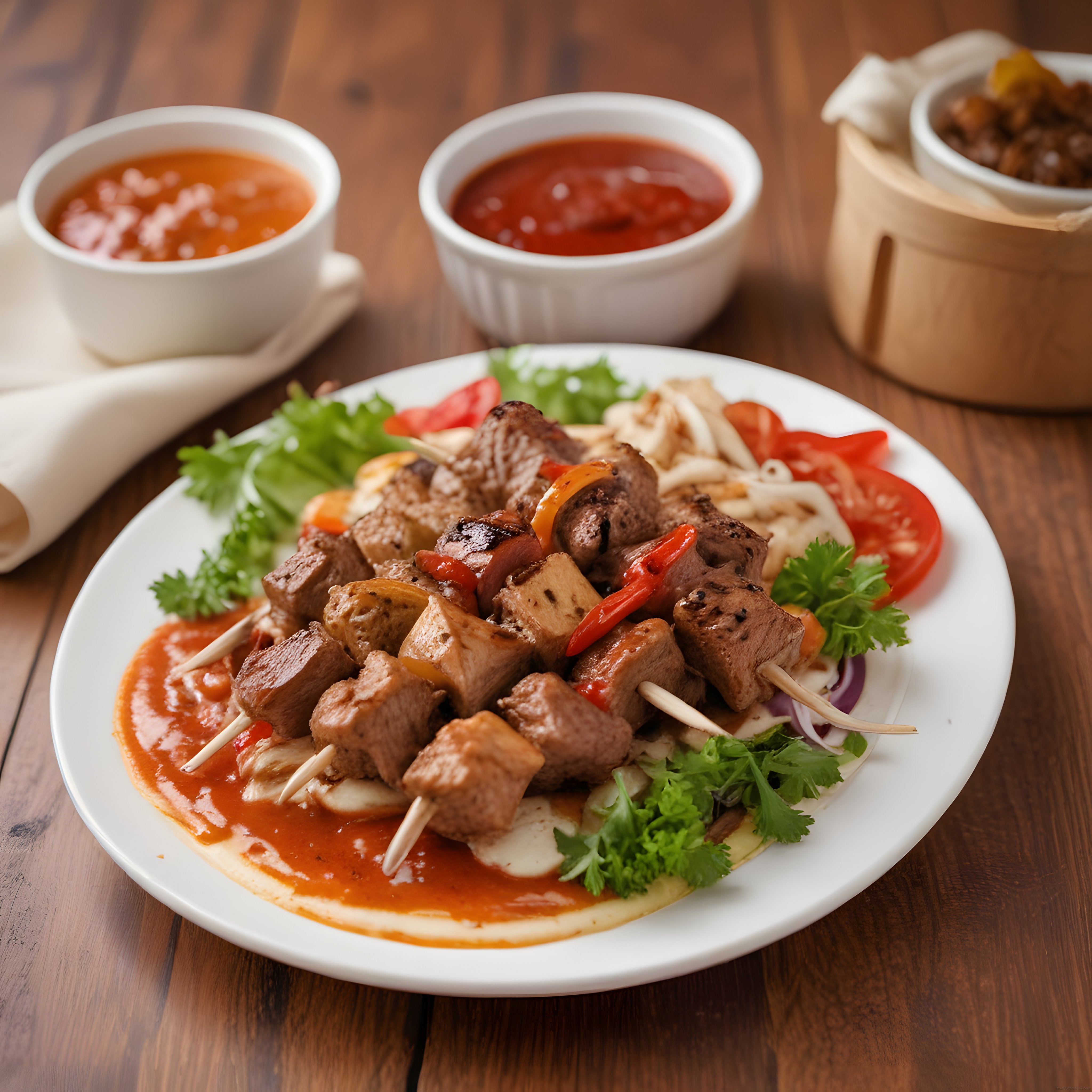 Ahşap Masa Üzerinde Soslu Şiş Kebabı ve Yanında Çeşni Kaseleri