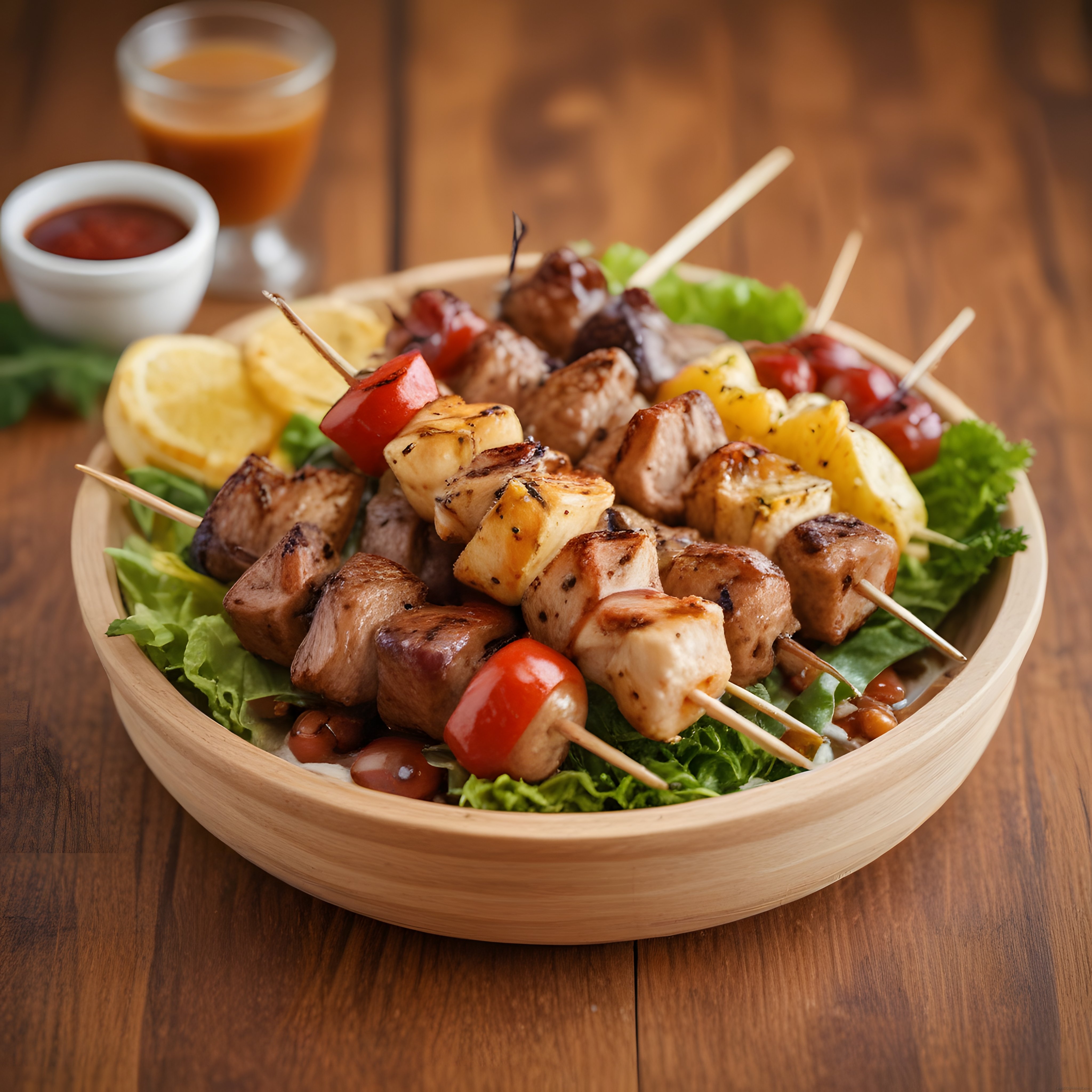 Ahşap Masa Üzerinde Soslu Tavuk Şiş, Ananas ve Izgara Sebzeler