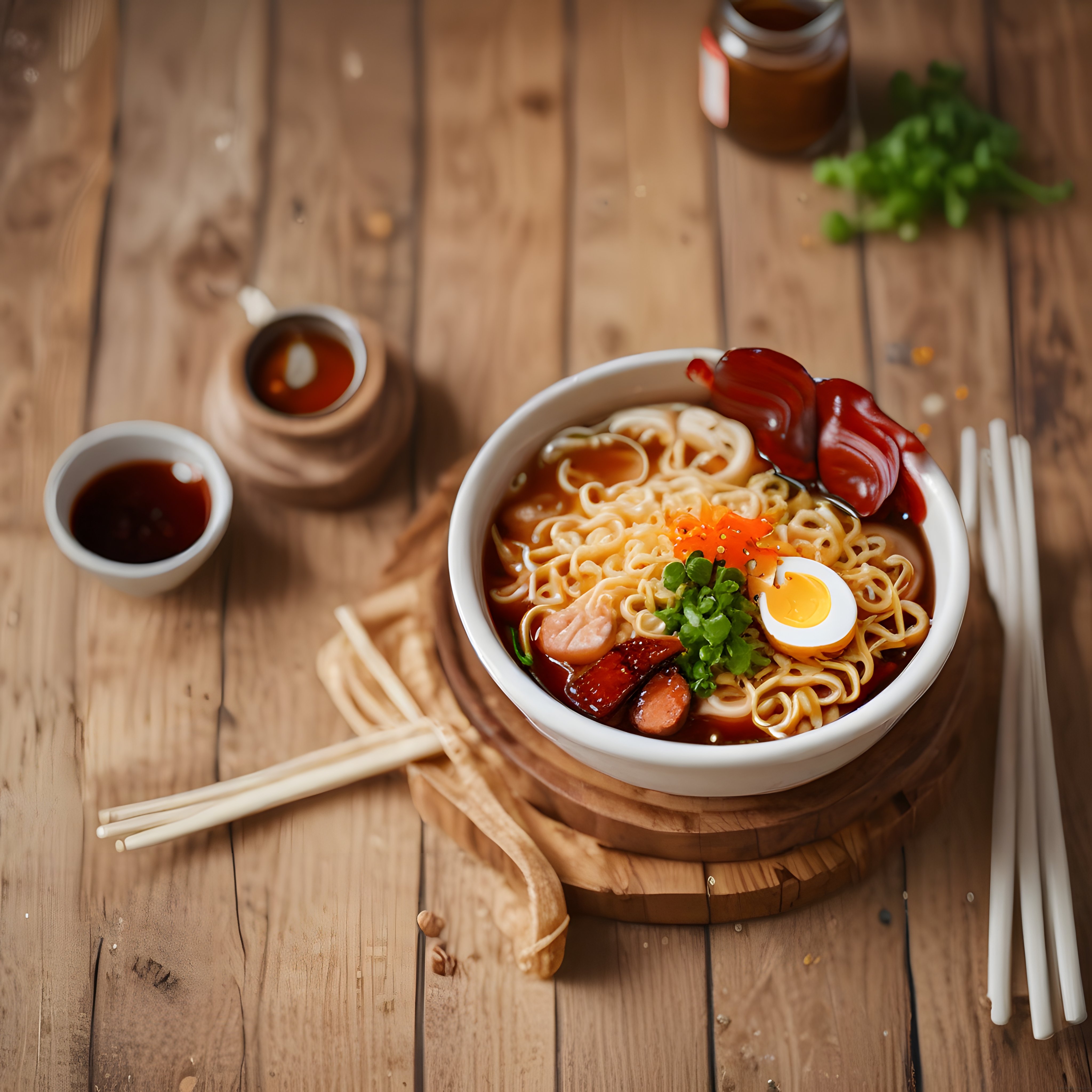 Ahşap Masa Üzerinde Sucuklu Yumurtalı Noodle Sunumu ve Asya Lezzetleri