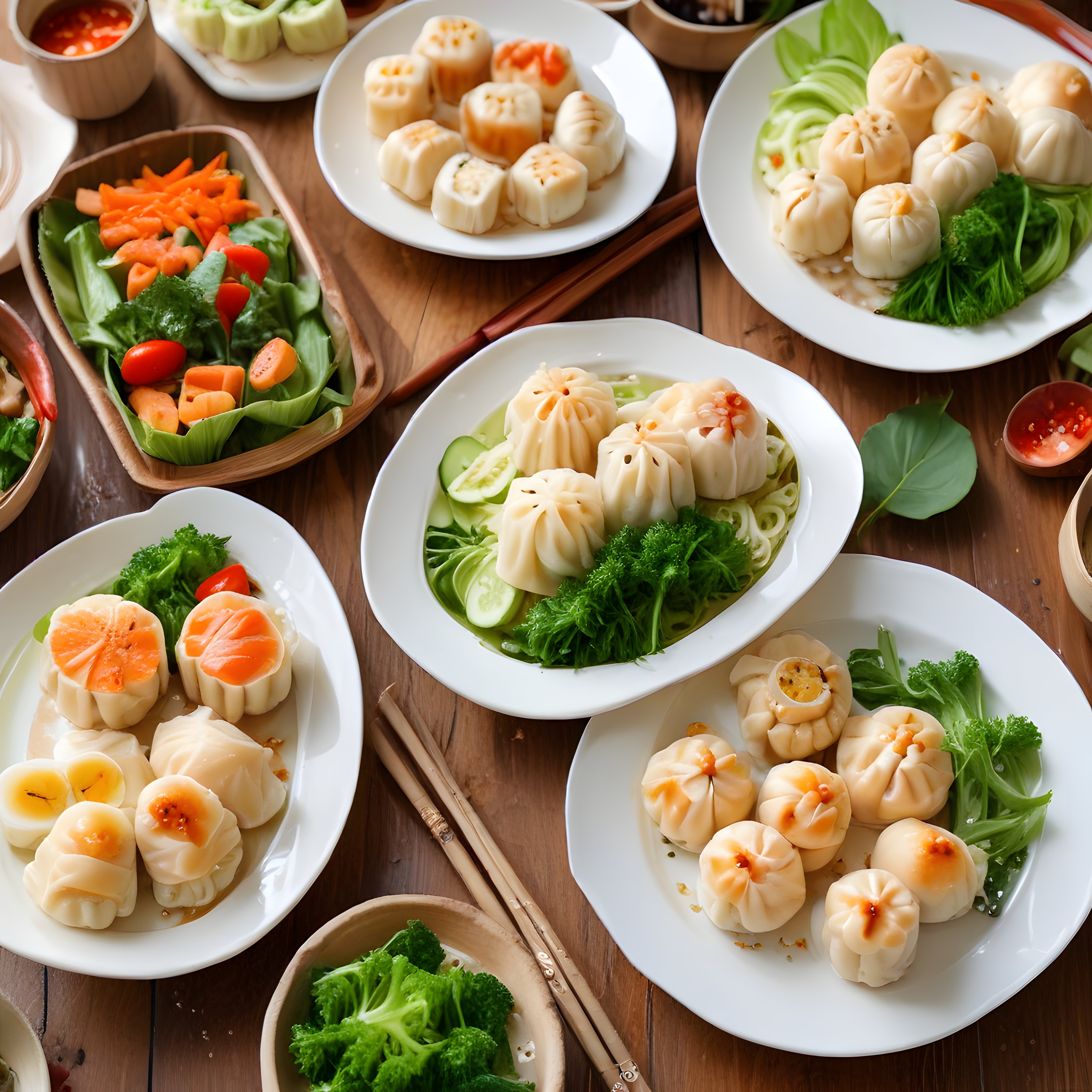 Ahşap Masa Üzerinde Sunulan Çeşitli Asya Mantıları ve Dim Sum Lezzetleri