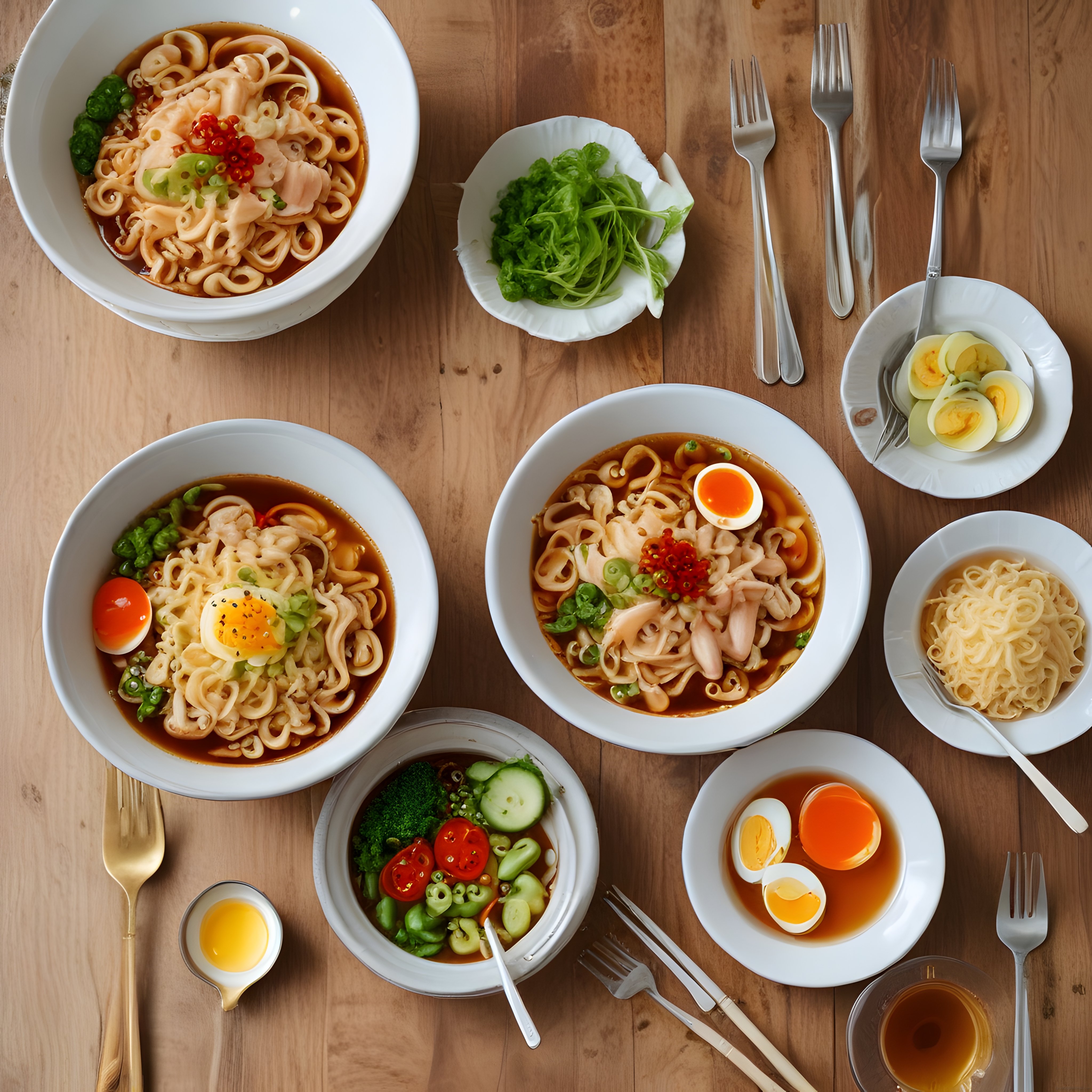 Ahşap masa üzerinde sunulan renkli Asya noodle kaseleri ve taze sebzeler