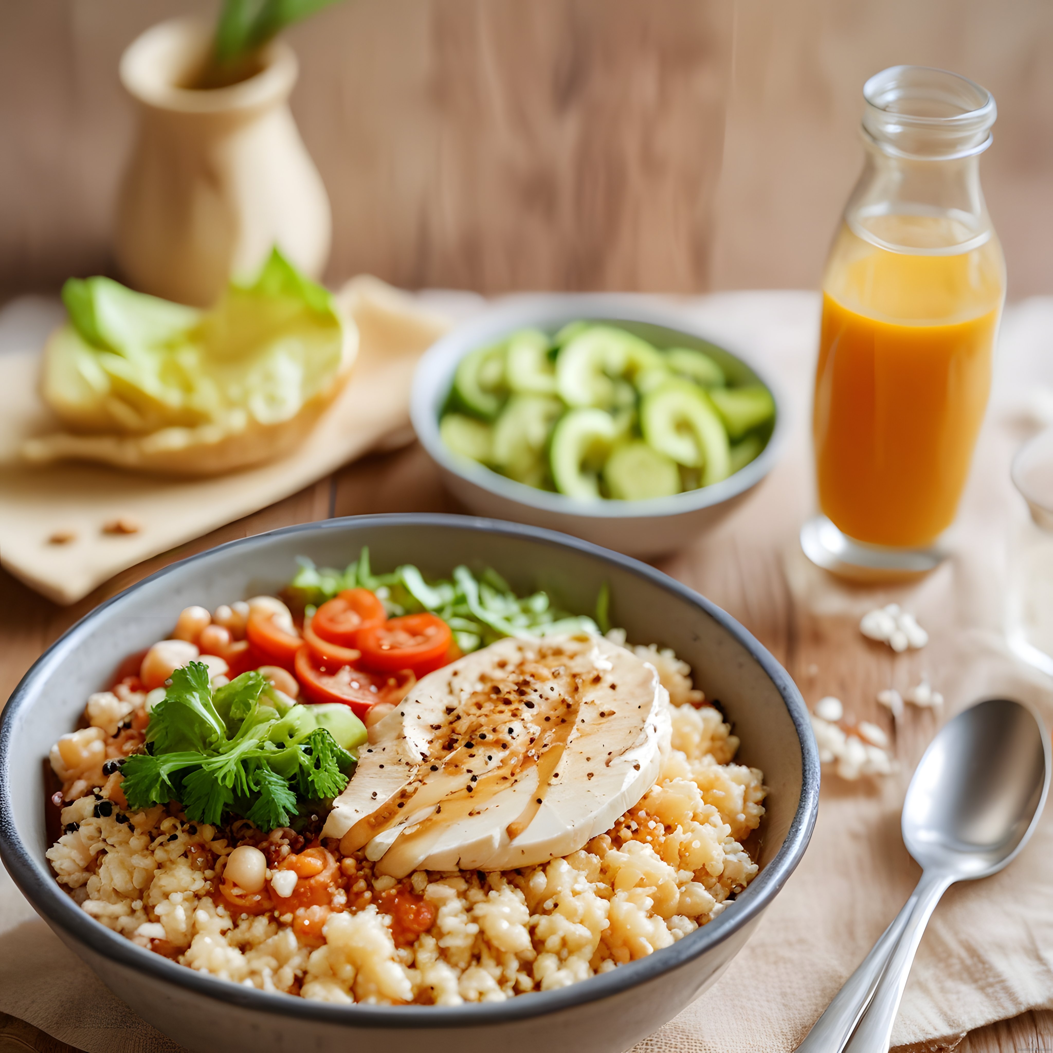 Ahşap Masa Üzerinde Sunulan Tavuklu Sağlıklı Protein Kasesi
