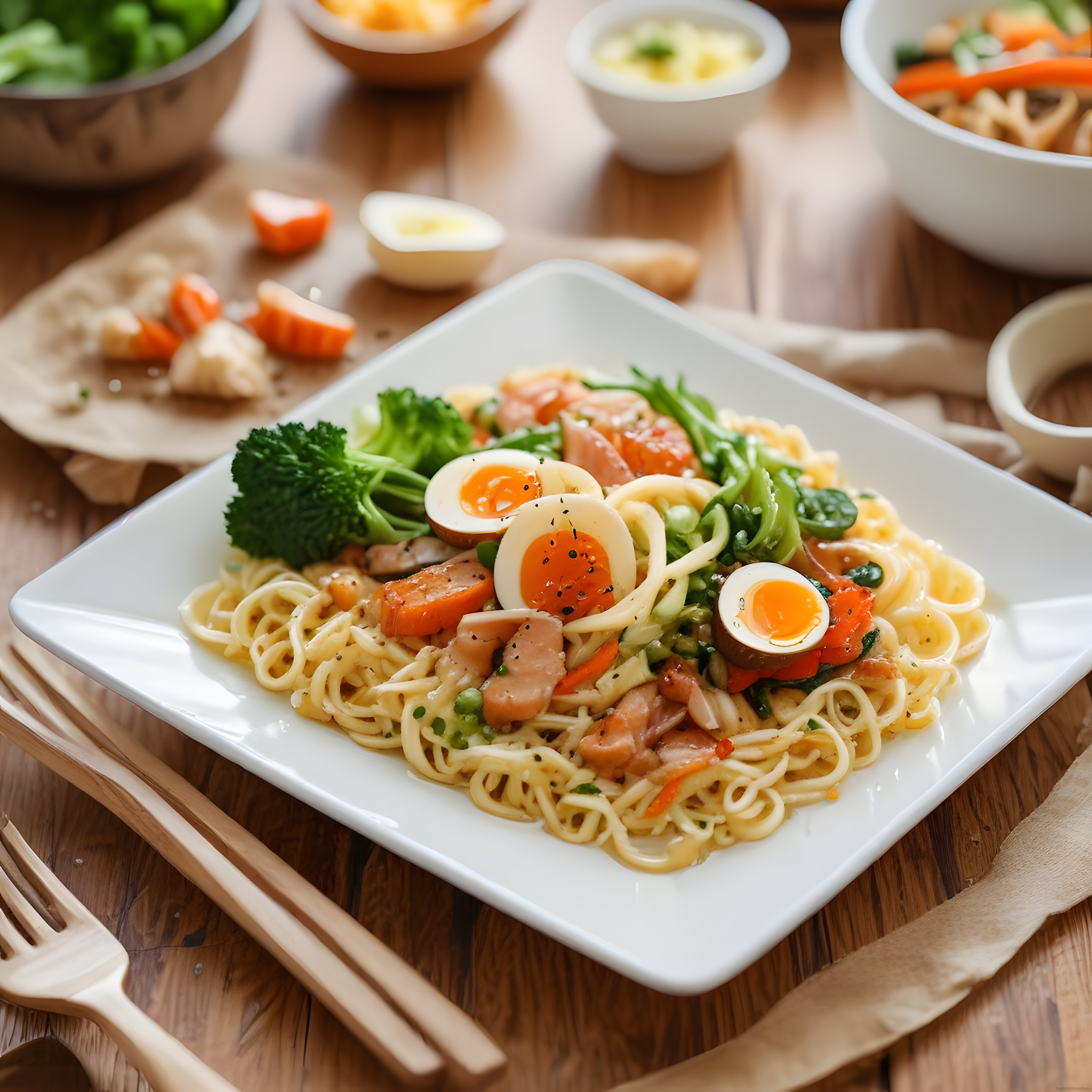 Ahşap Masa Üzerinde Sunulan Tavuklu Sebzeli Noodle Makarna ve Ramen Yumurtası