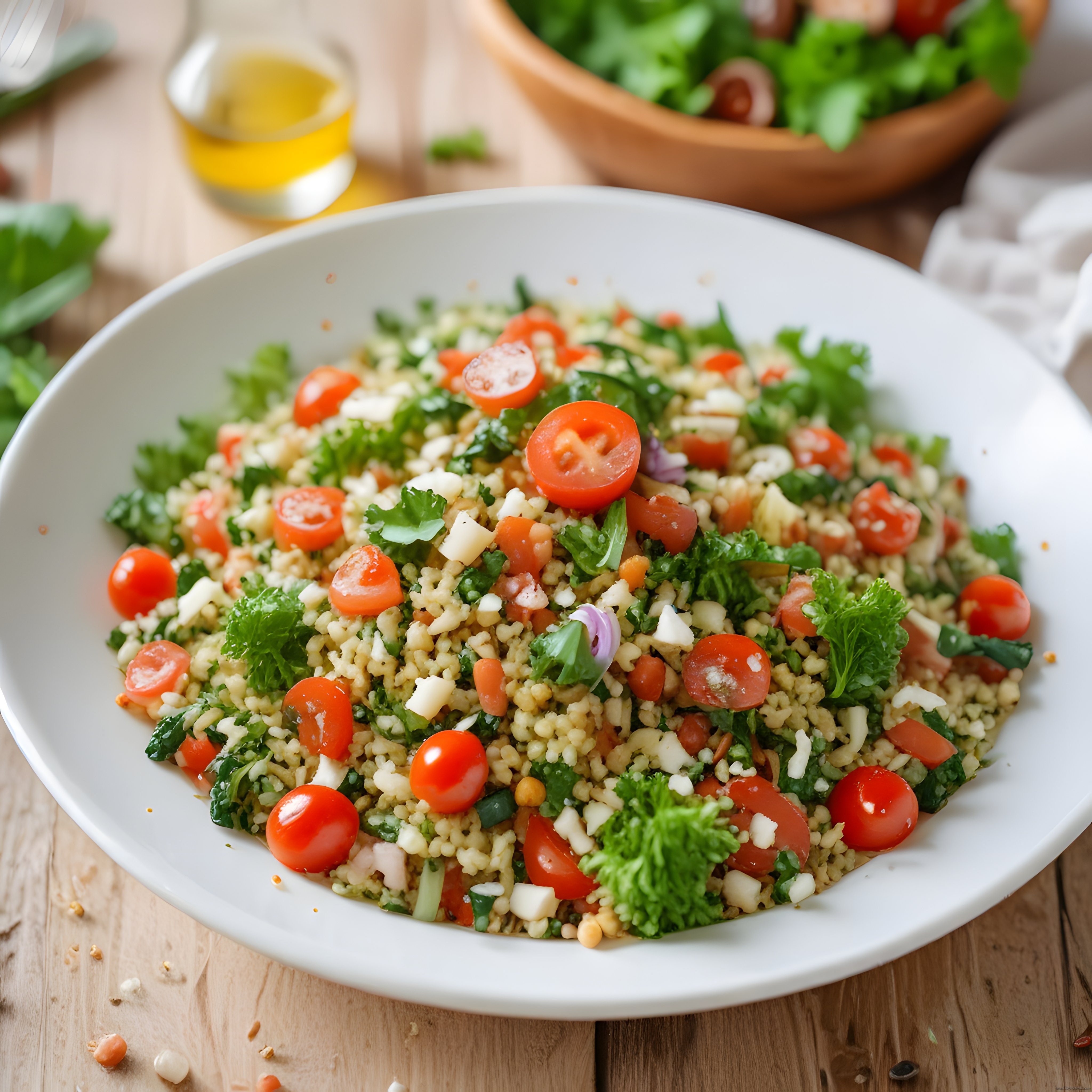 Ahşap Masa Üzerinde Sunulan Taze Sebzeli Bulgur Salatası Kasesi
