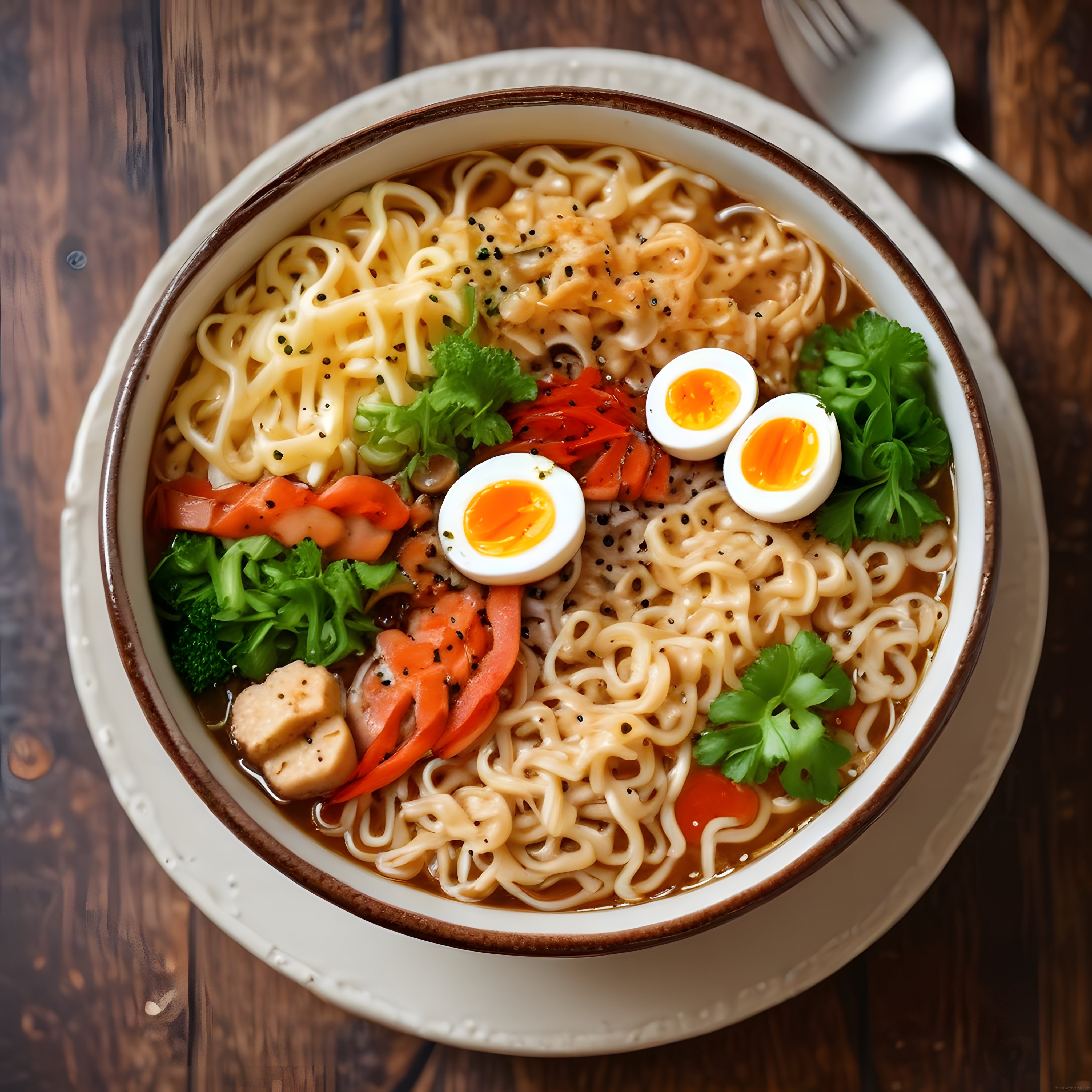 Ahşap masa üzerinde sunulan taze sebzeli ve yumurtalı asya usulü ramen