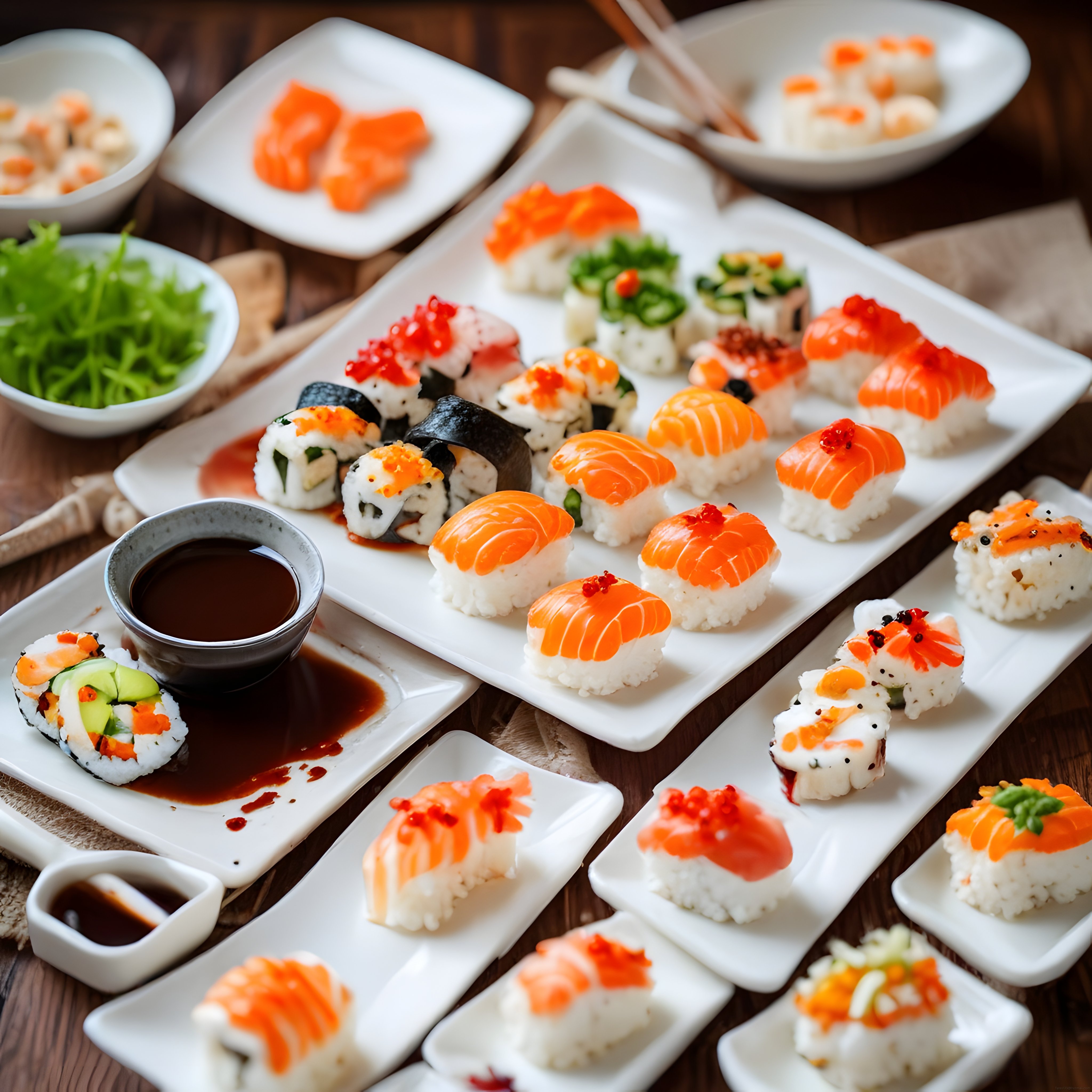 Ahşap Masa Üzerinde Sunulan Taze Somon Nigiri ve Çeşitli Sushi Tabakları