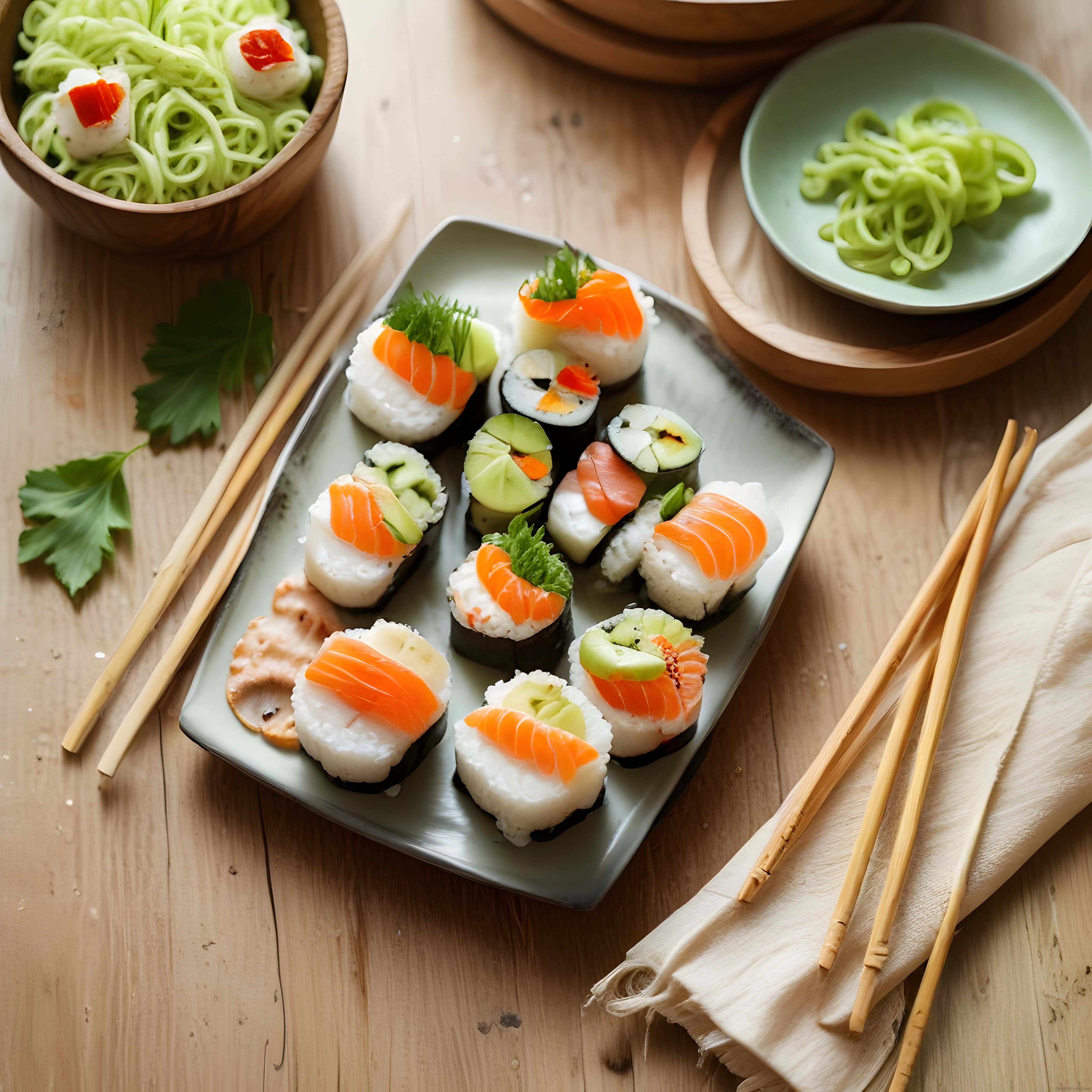 Ahşap Masa Üzerinde Sunulan Taze Somon Sushi ve Yeşil Erişte Tabakları