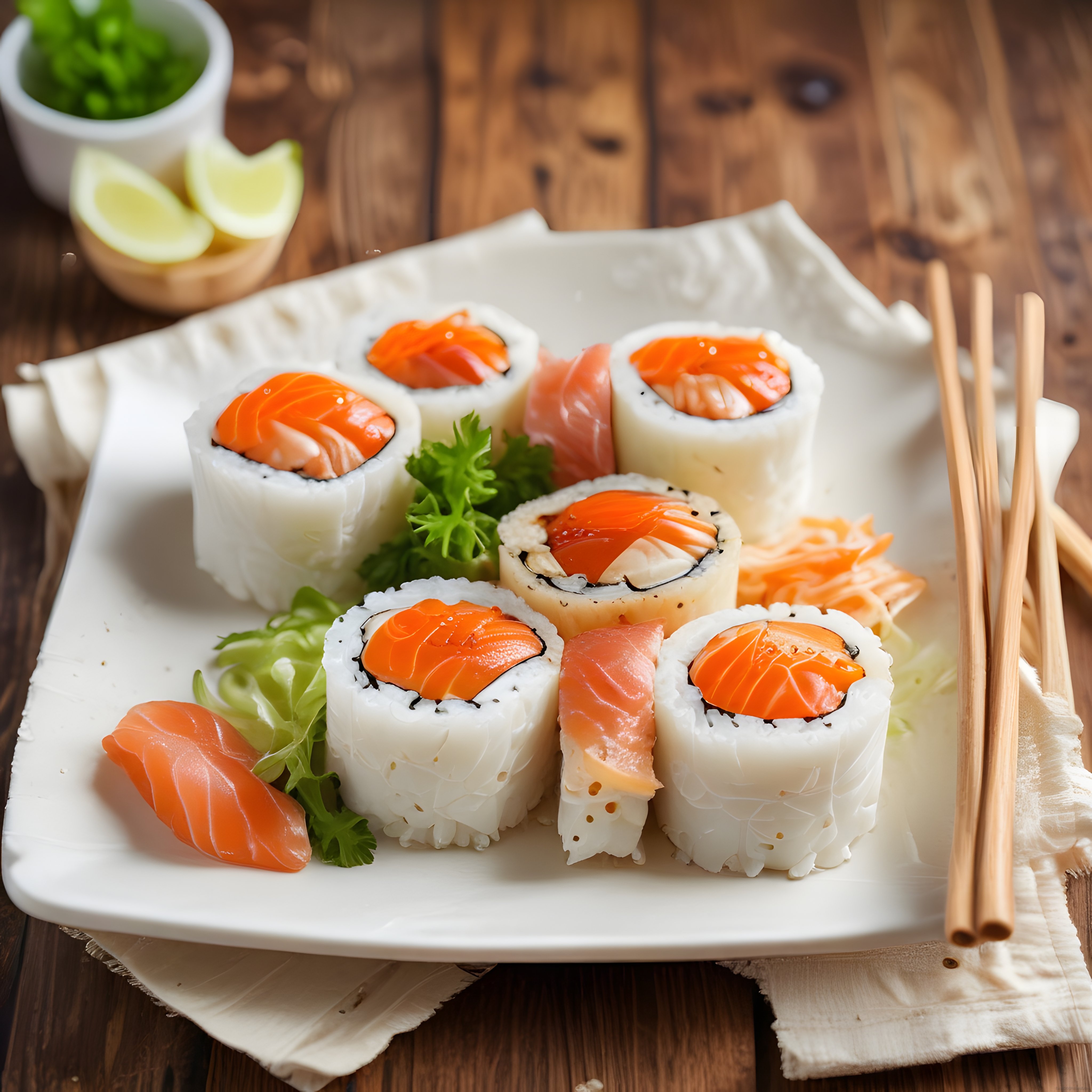 Ahşap Masa Üzerinde Sunulan Taze Somonlu Sushi Rolları ve Japon Lezzetleri