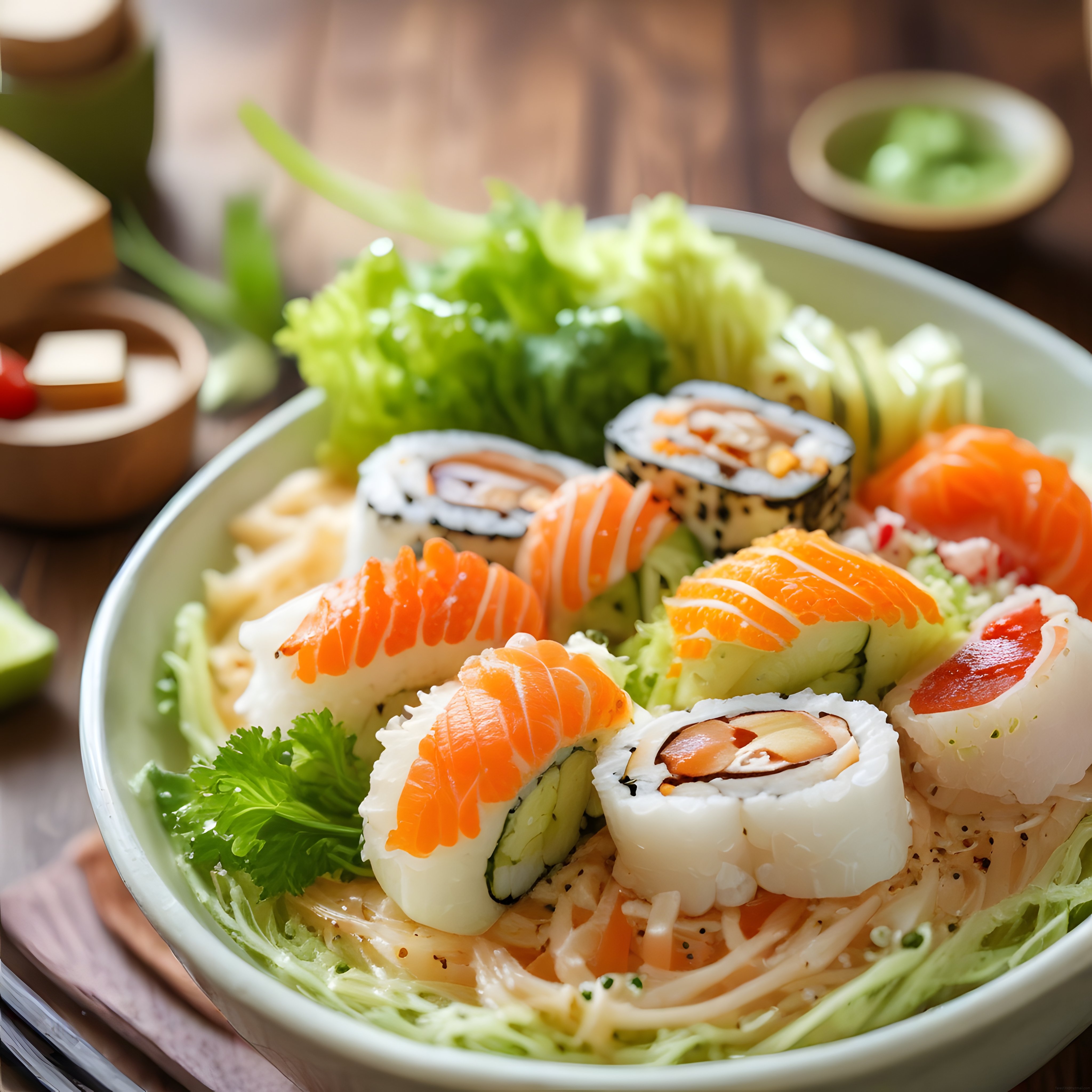 Ahşap Masa Üzerinde Sunulan Taze Somonlu Sushi ve Makili Gösterişli Kase